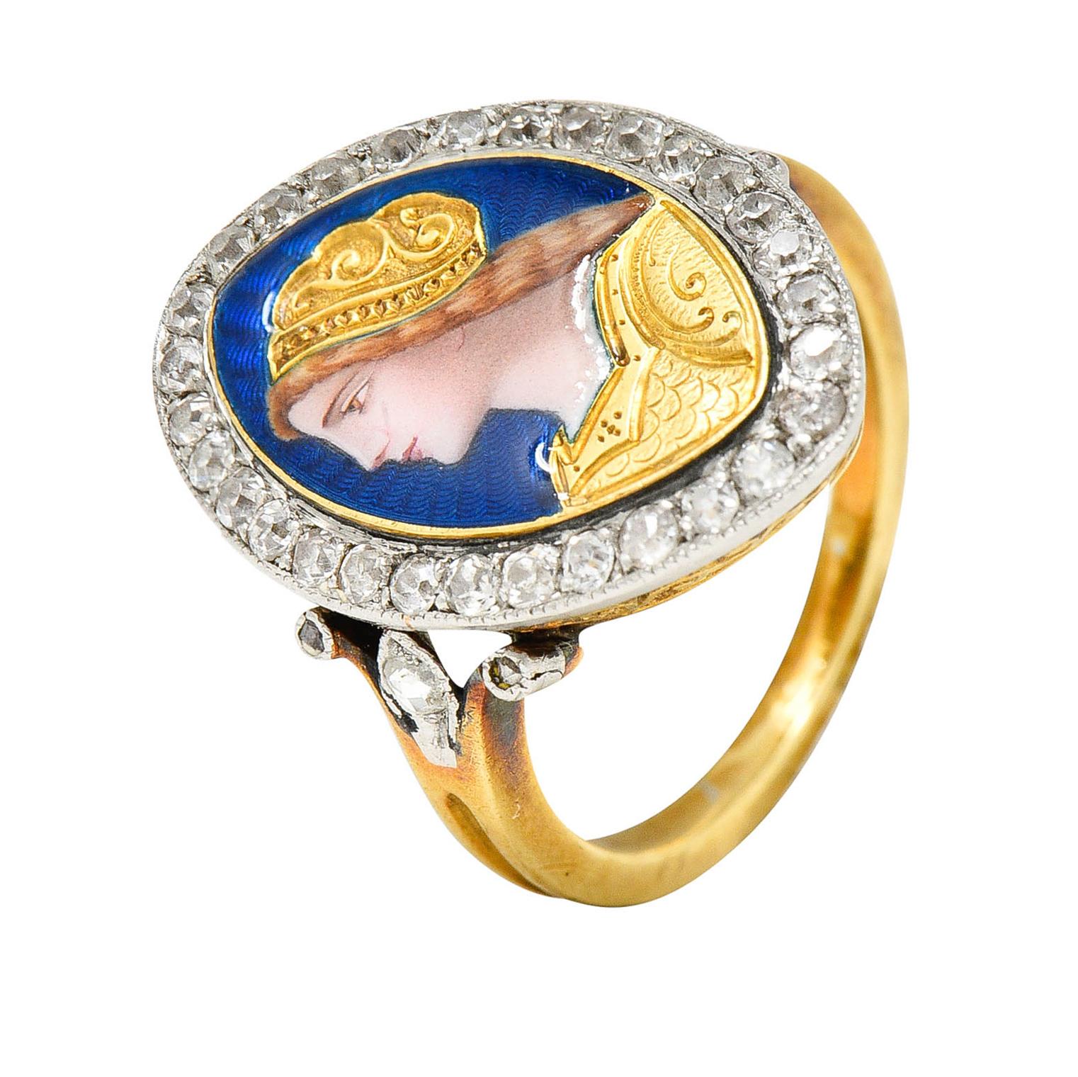 1890's Victorian Guilloche Enamel Diamond Platinum 18 Karat Gold Portrait Ring For Sale 3