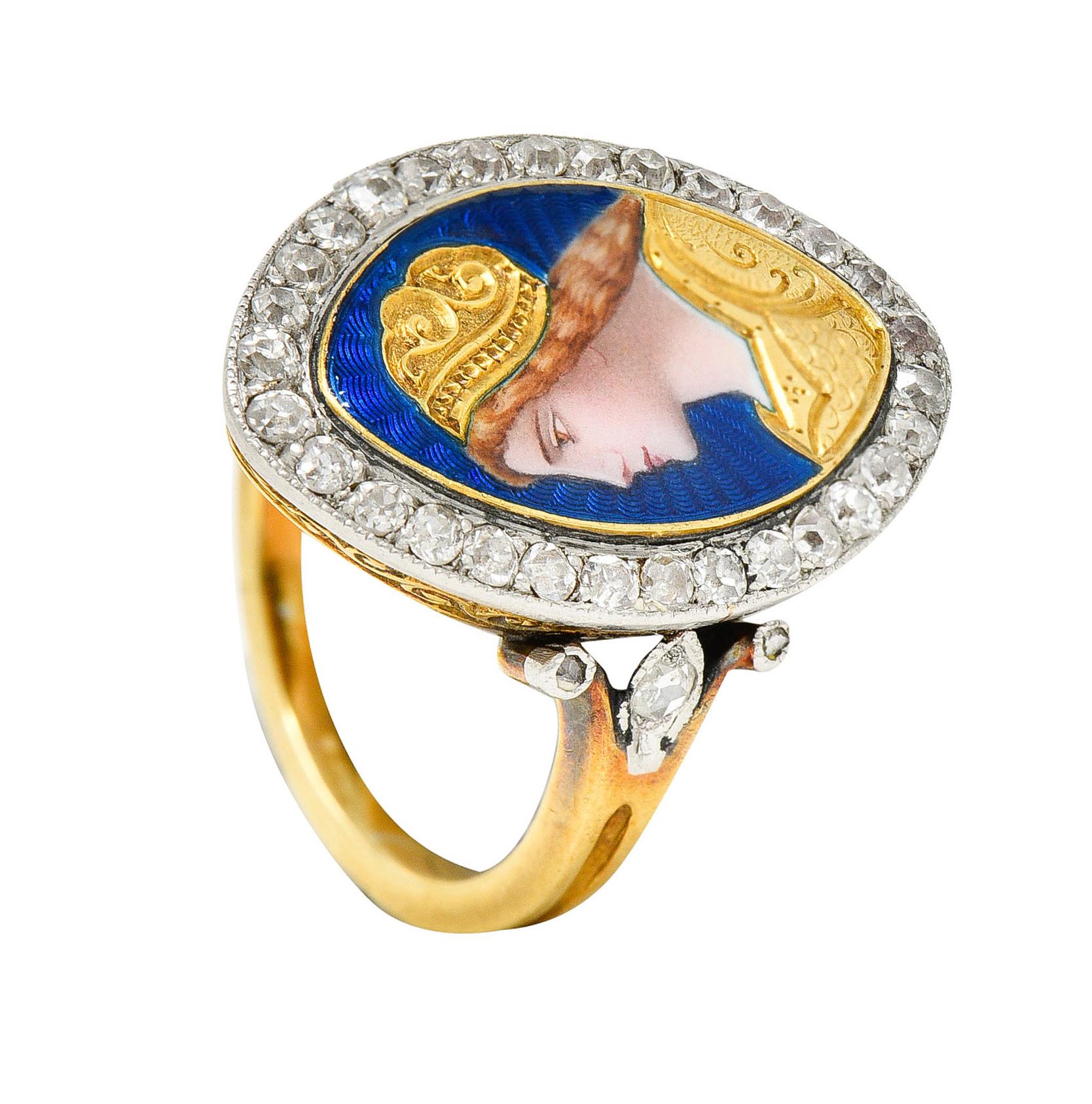 1890's Victorian Guilloche Enamel Diamond Platinum 18 Karat Gold Portrait Ring For Sale 4