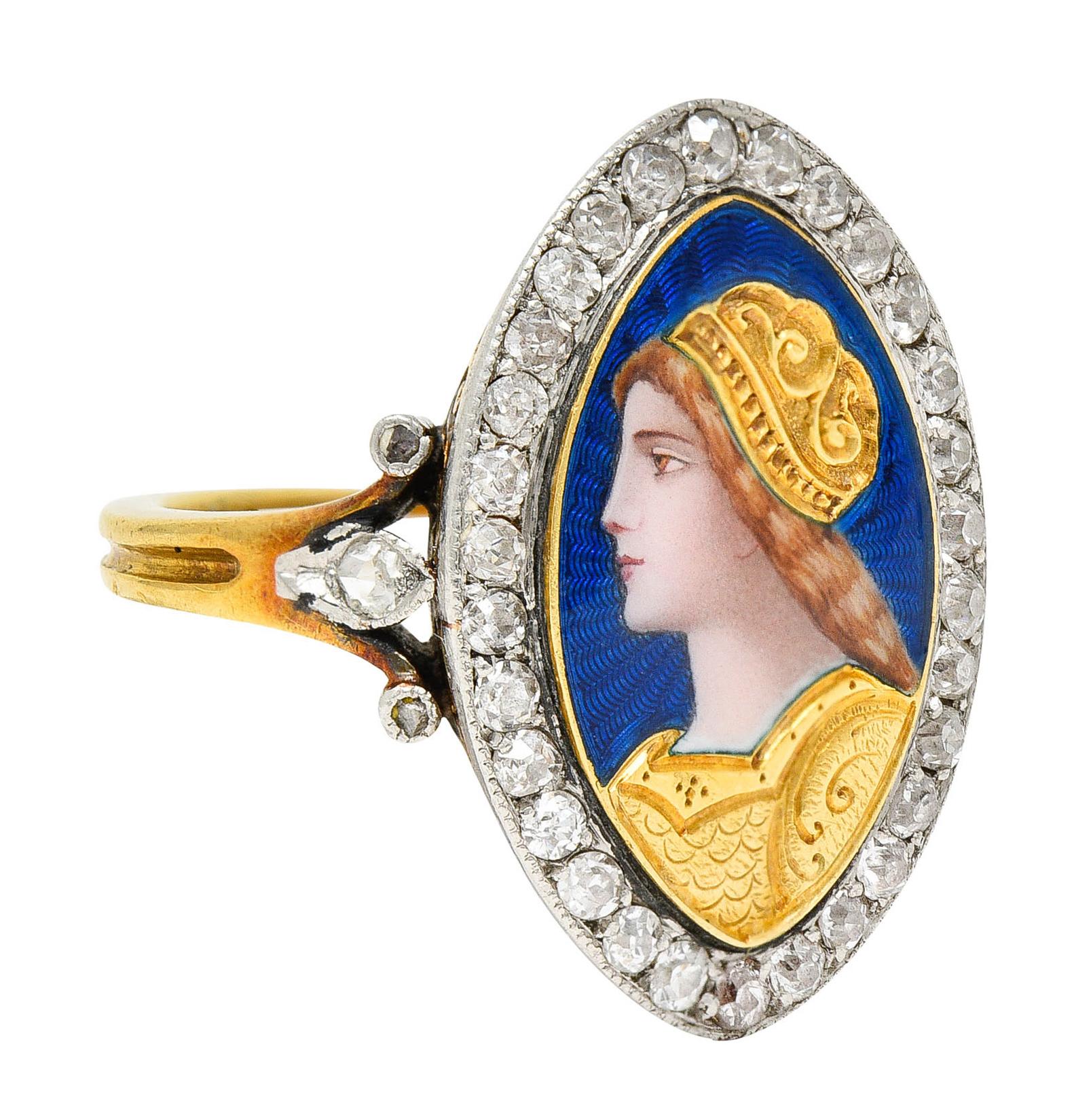 Navette shaped ring depicts a refined enamel portrait of a Renaissance woman

With deeply engraved gold garments and a radiating guilloche enamel background - bright ultramarine blue

Surrounded by old single cut diamonds bead set in platinum with a