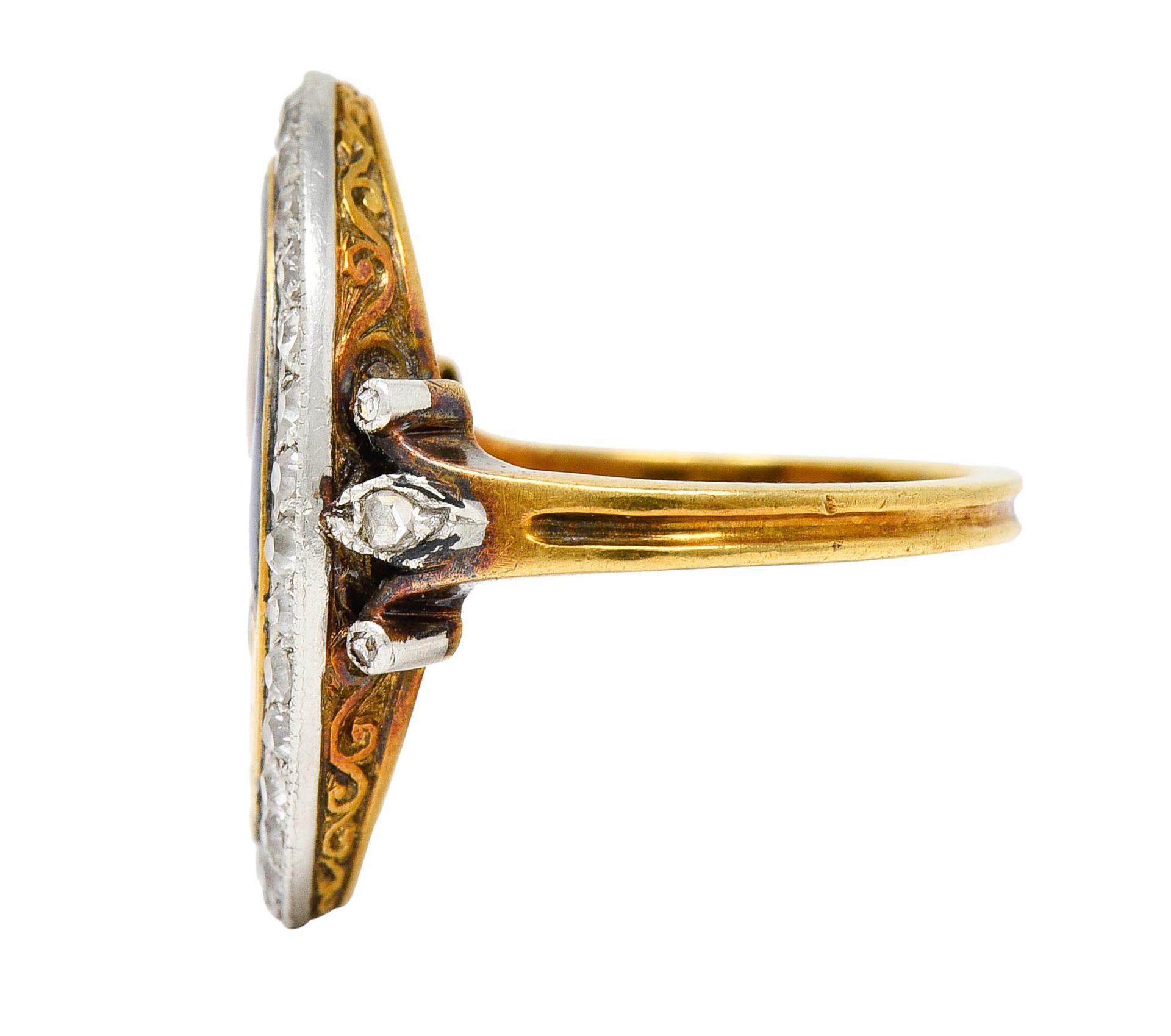 Rose Cut 1890's Victorian Guilloche Enamel Diamond Platinum 18 Karat Gold Portrait Ring For Sale