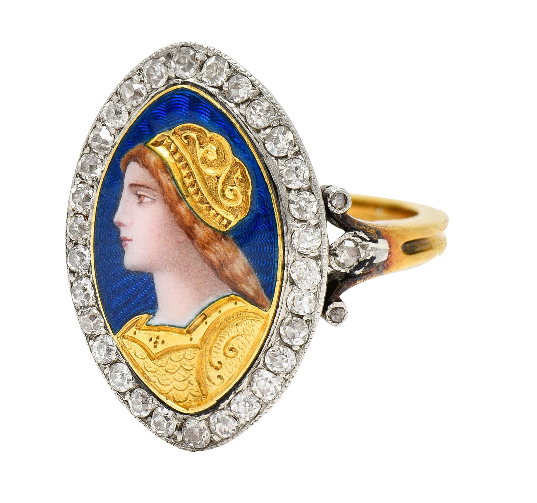 1890's Victorian Guilloche Enamel Diamond Platinum 18 Karat Gold Portrait Ring In Excellent Condition For Sale In Philadelphia, PA