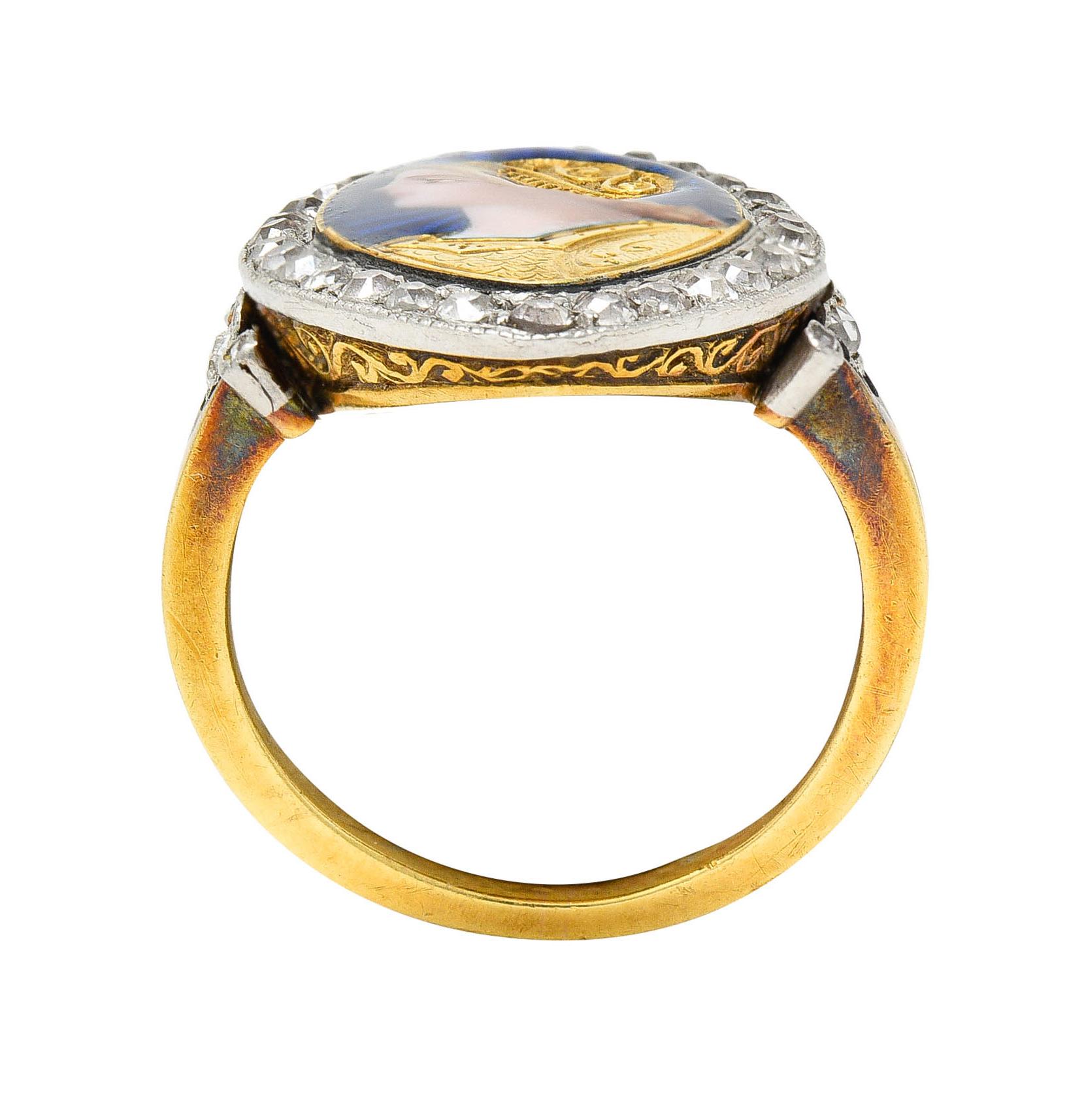 Women's or Men's 1890's Victorian Guilloche Enamel Diamond Platinum 18 Karat Gold Portrait Ring For Sale