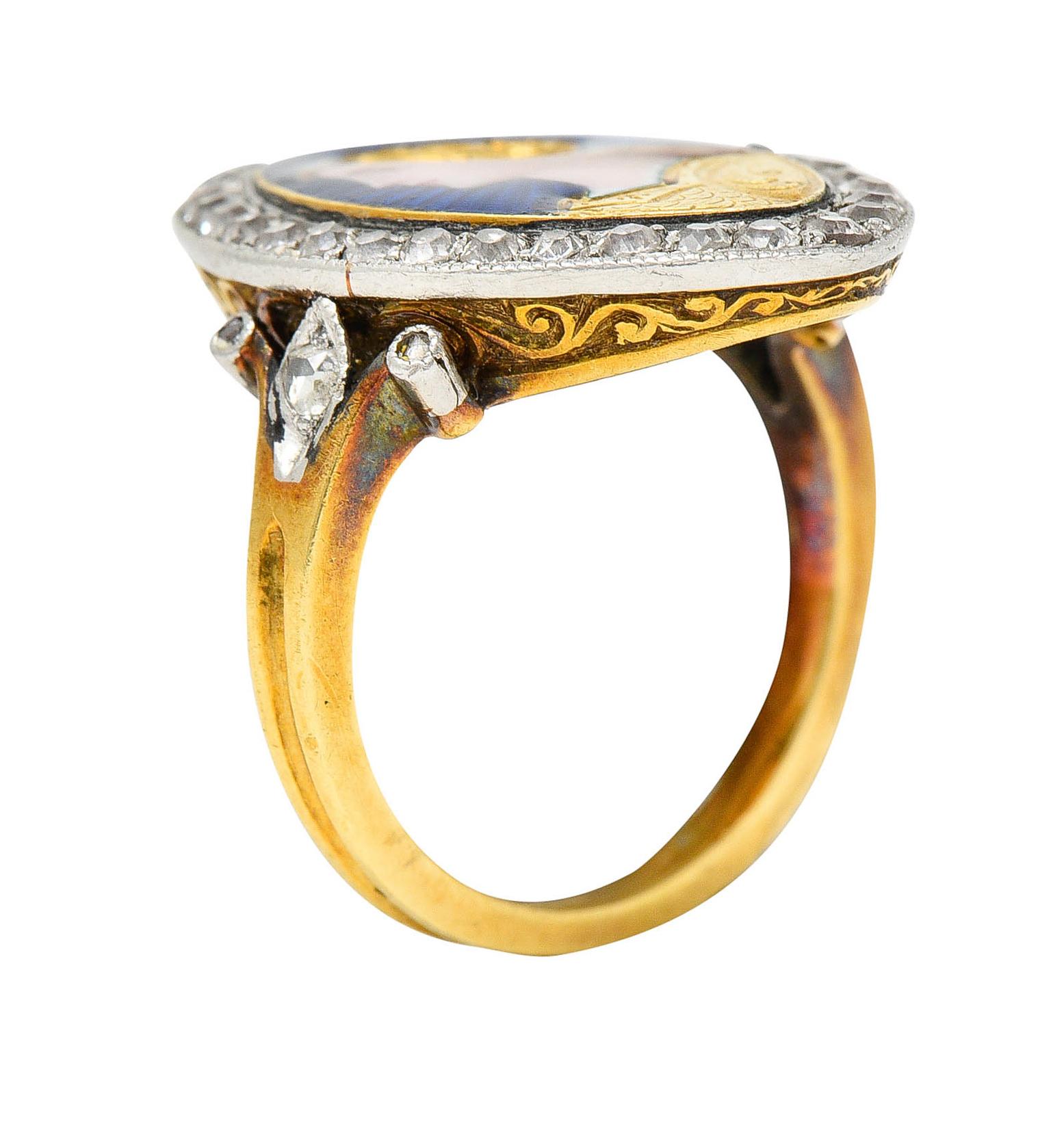 1890's Victorian Guilloche Enamel Diamond Platinum 18 Karat Gold Portrait Ring For Sale 1