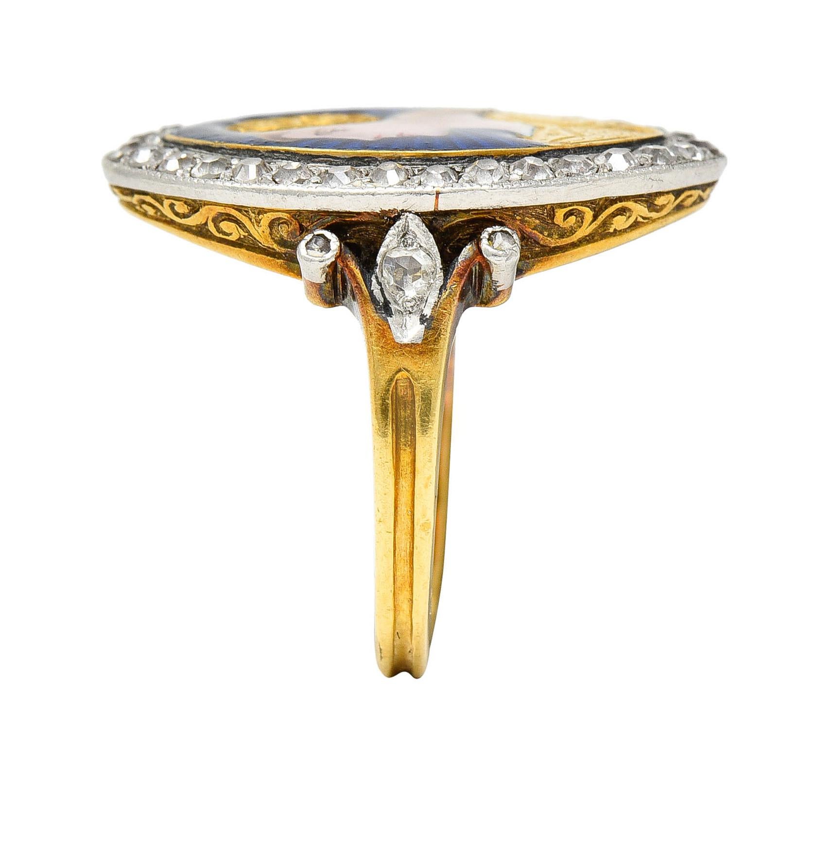1890's Victorian Guilloche Enamel Diamond Platinum 18 Karat Gold Portrait Ring For Sale 2