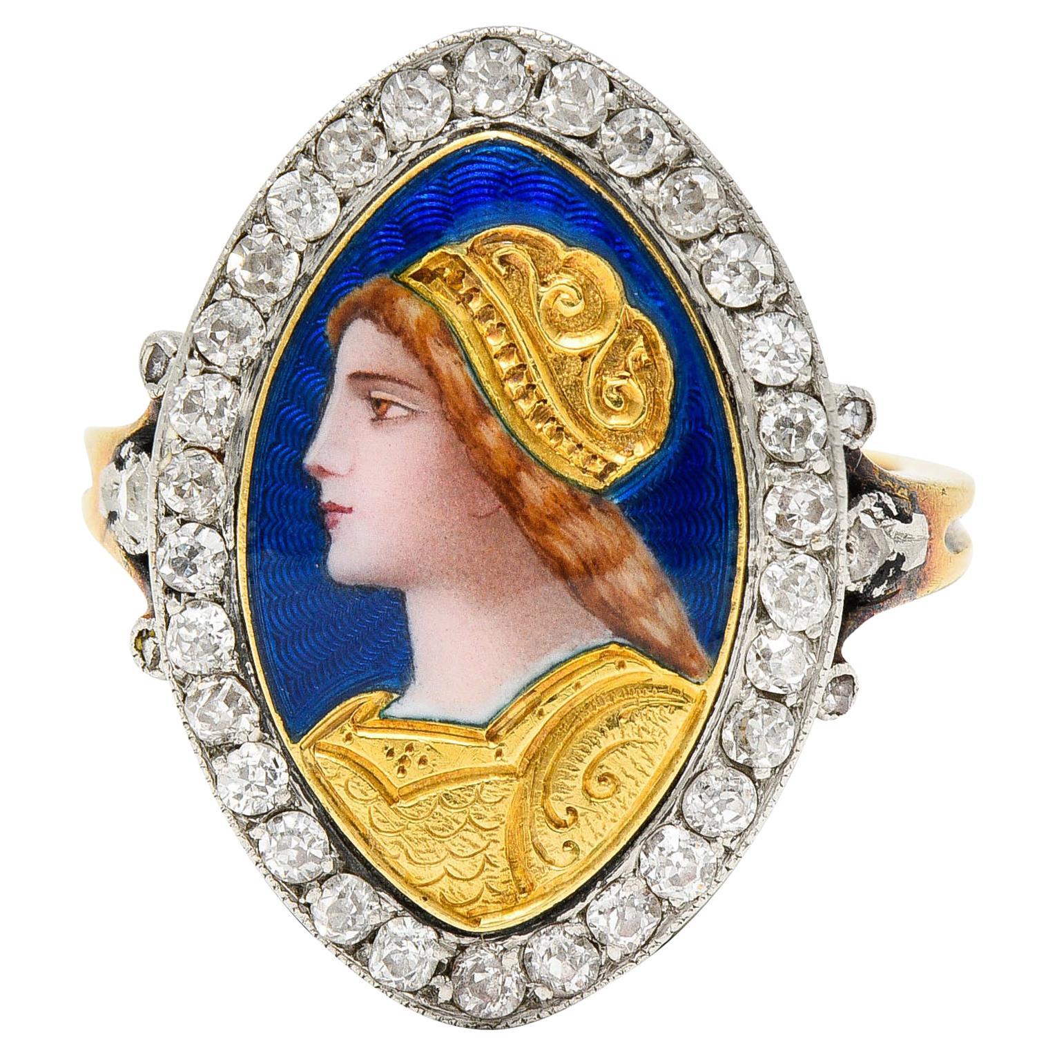 1890's Victorian Guilloche Enamel Diamond Platinum 18 Karat Gold Portrait Ring For Sale