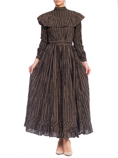 Victorian Black & Beige Cotton 1890S Home Spun Printed Floral Calico Dress