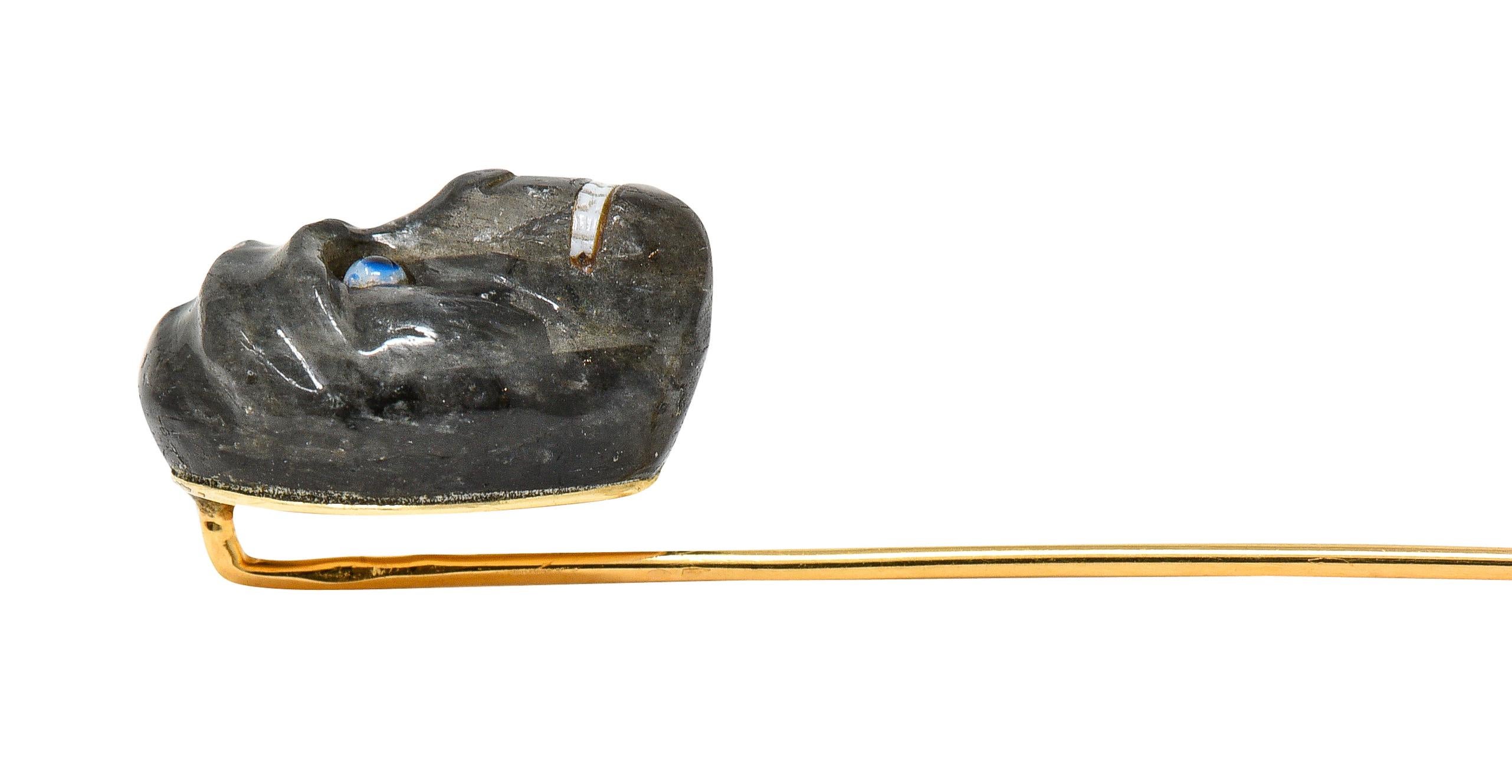 1890's Victorian Labradorite Glass 14 Karat Yellow Gold Gorilla Antique Stickpin For Sale 4