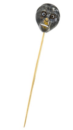 1890's Victorian Labradorite Glass 14 Karat Yellow Gold Gorilla Antique Stickpin