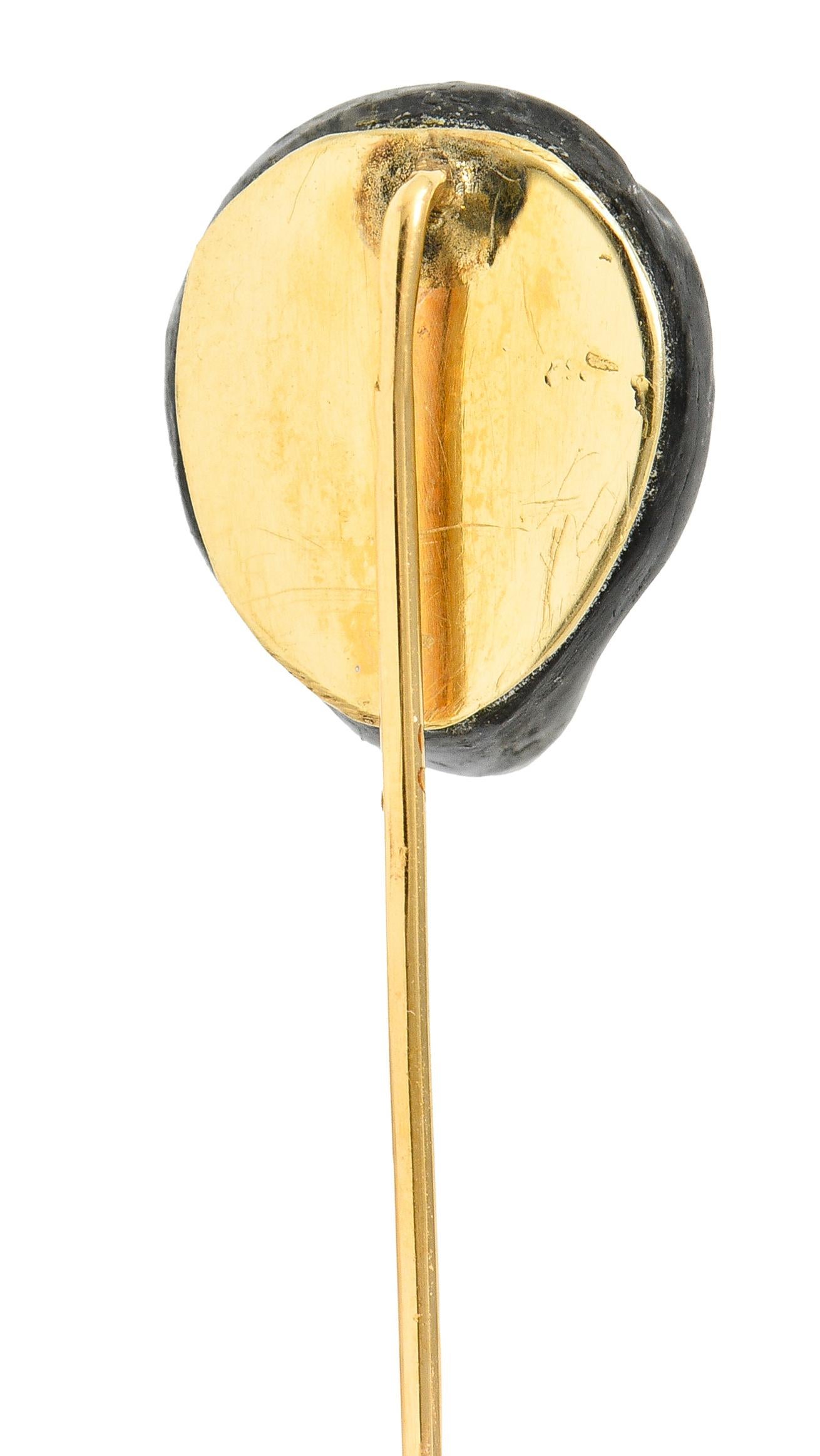 Round Cut 1890's Victorian Labradorite Glass 14 Karat Yellow Gold Gorilla Antique Stickpin For Sale