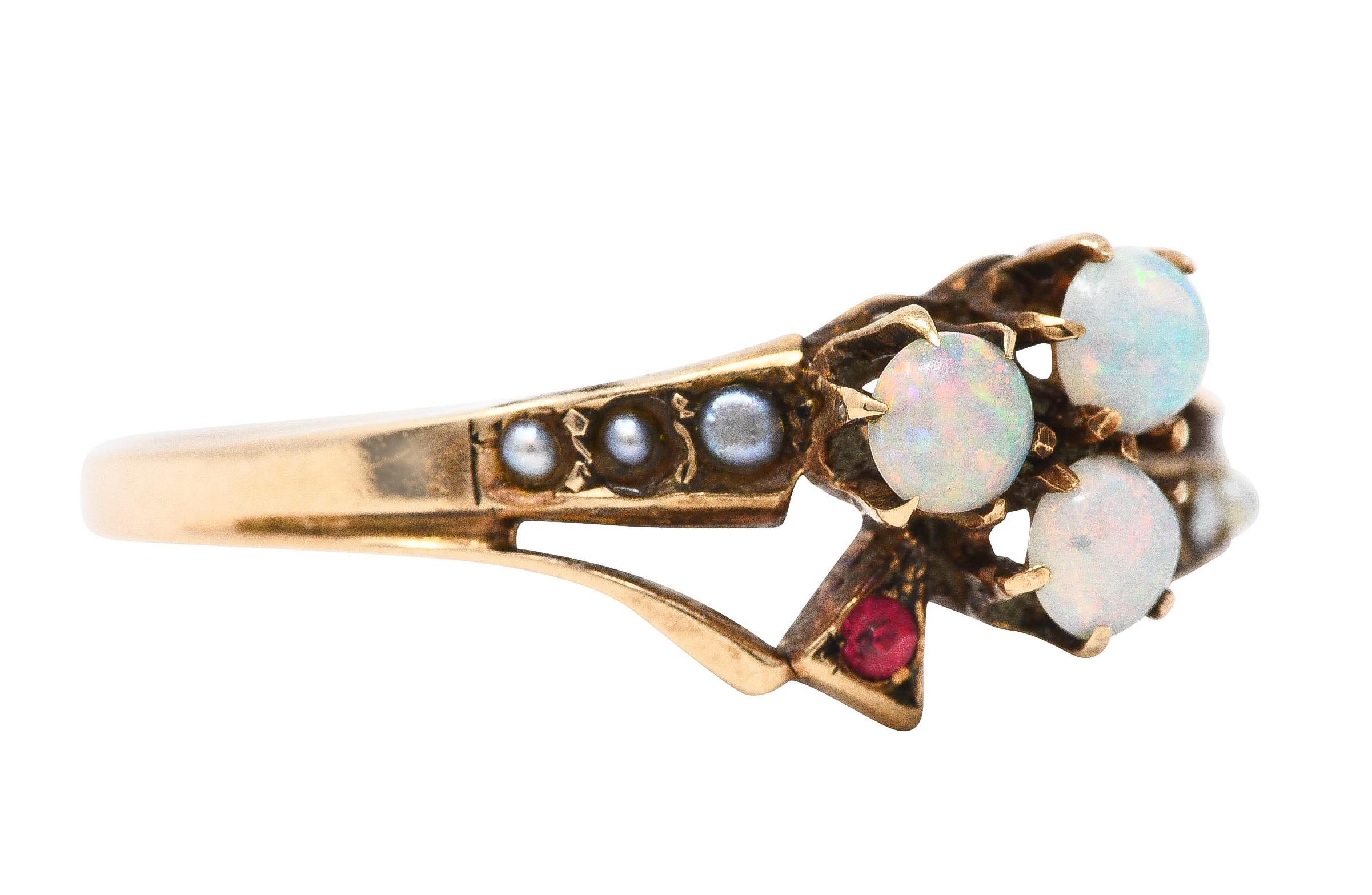 1890's Victorian Opal Ruby Seed Pearl 14 Karat Rose Gold Clover Ring 2