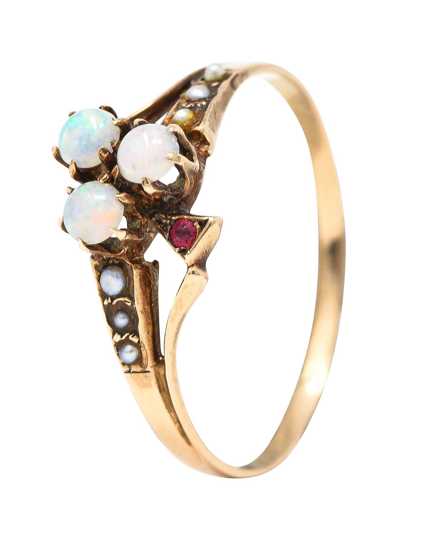 1890's Victorian Opal Ruby Seed Pearl 14 Karat Rose Gold Clover Ring 4