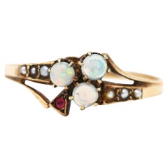 1890's Victorian Opal Ruby Seed Pearl 14 Karat Rose Gold Clover Ring