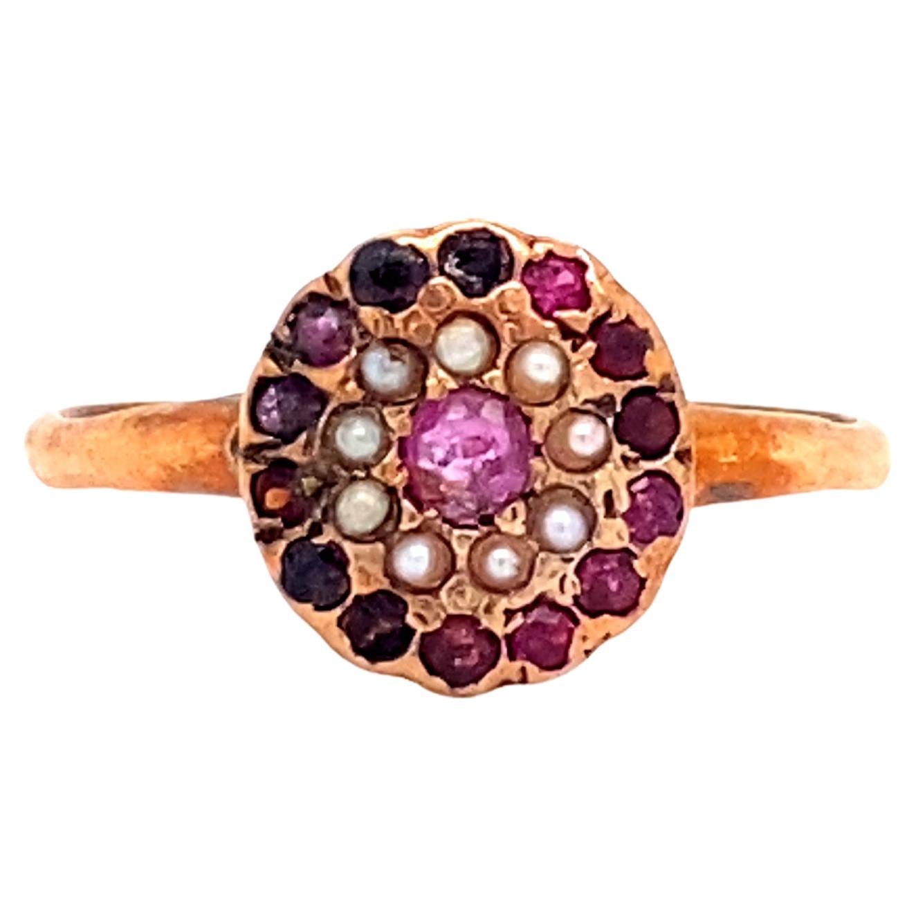 1890s Victorian Ring With Ruby, Garnet and Pearl in 9 Karat Gold For Sale