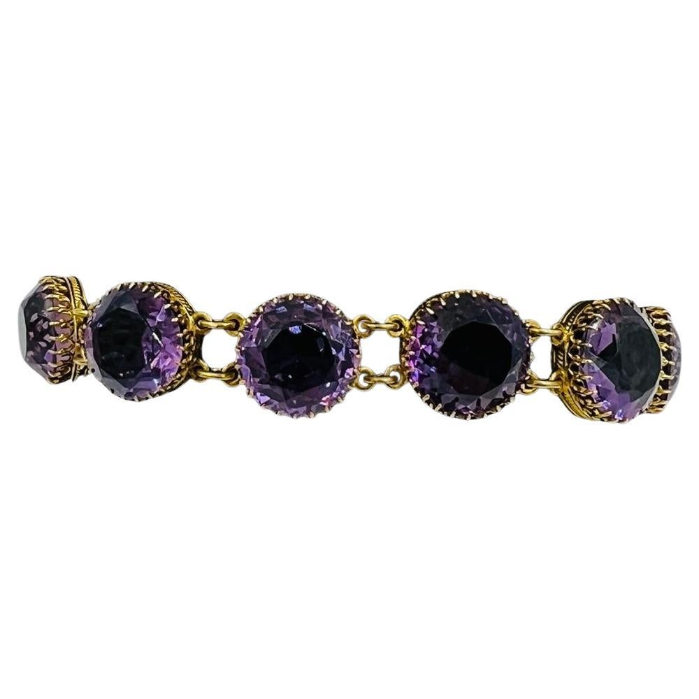 1890s Victorian Round Amethyst Gold Line Bracelet