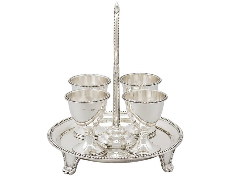 English Victorian 1891 Sterling Silver Egg Cruet Set for Four Persons For Sale