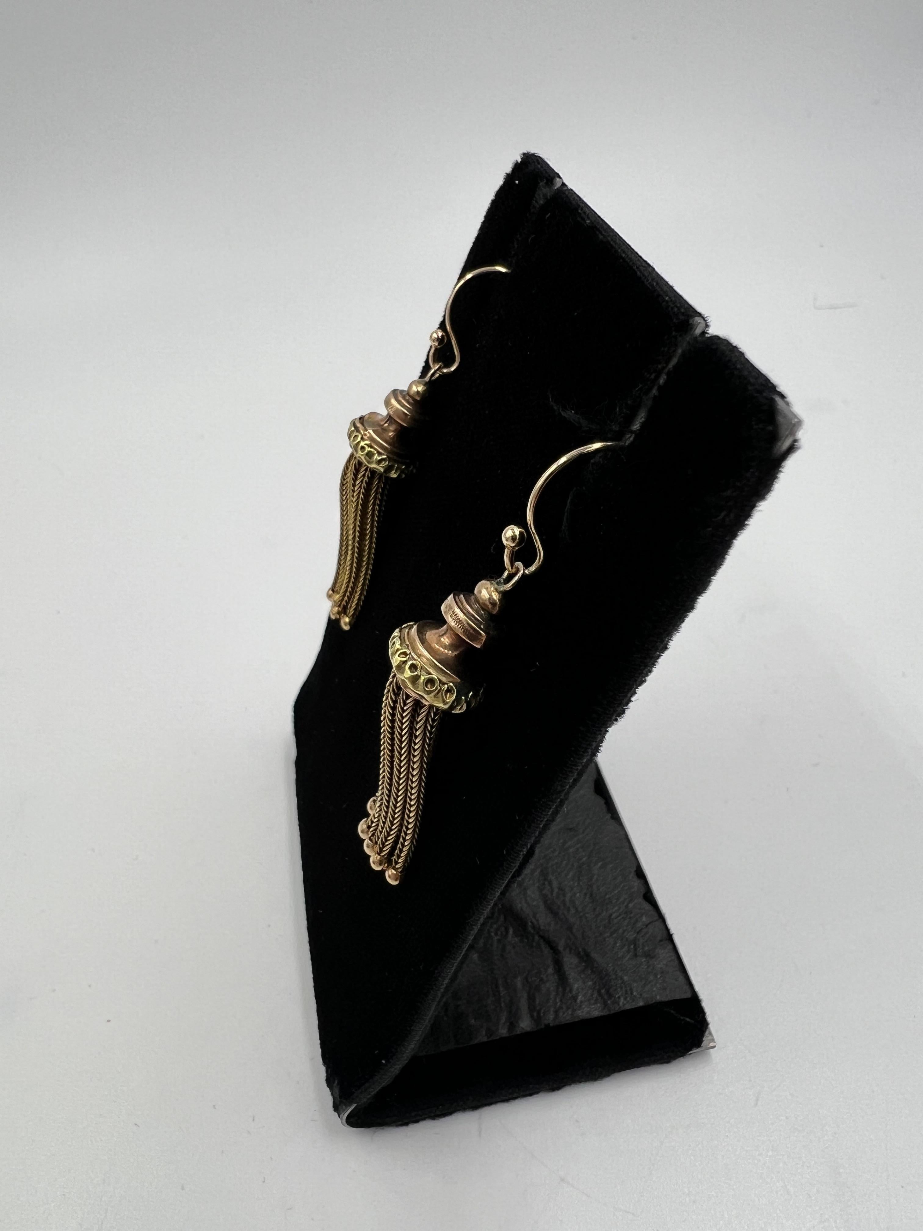 1890s Victorian Tassle Dangle Earrings 14k Yellow Gold For Sale 1
