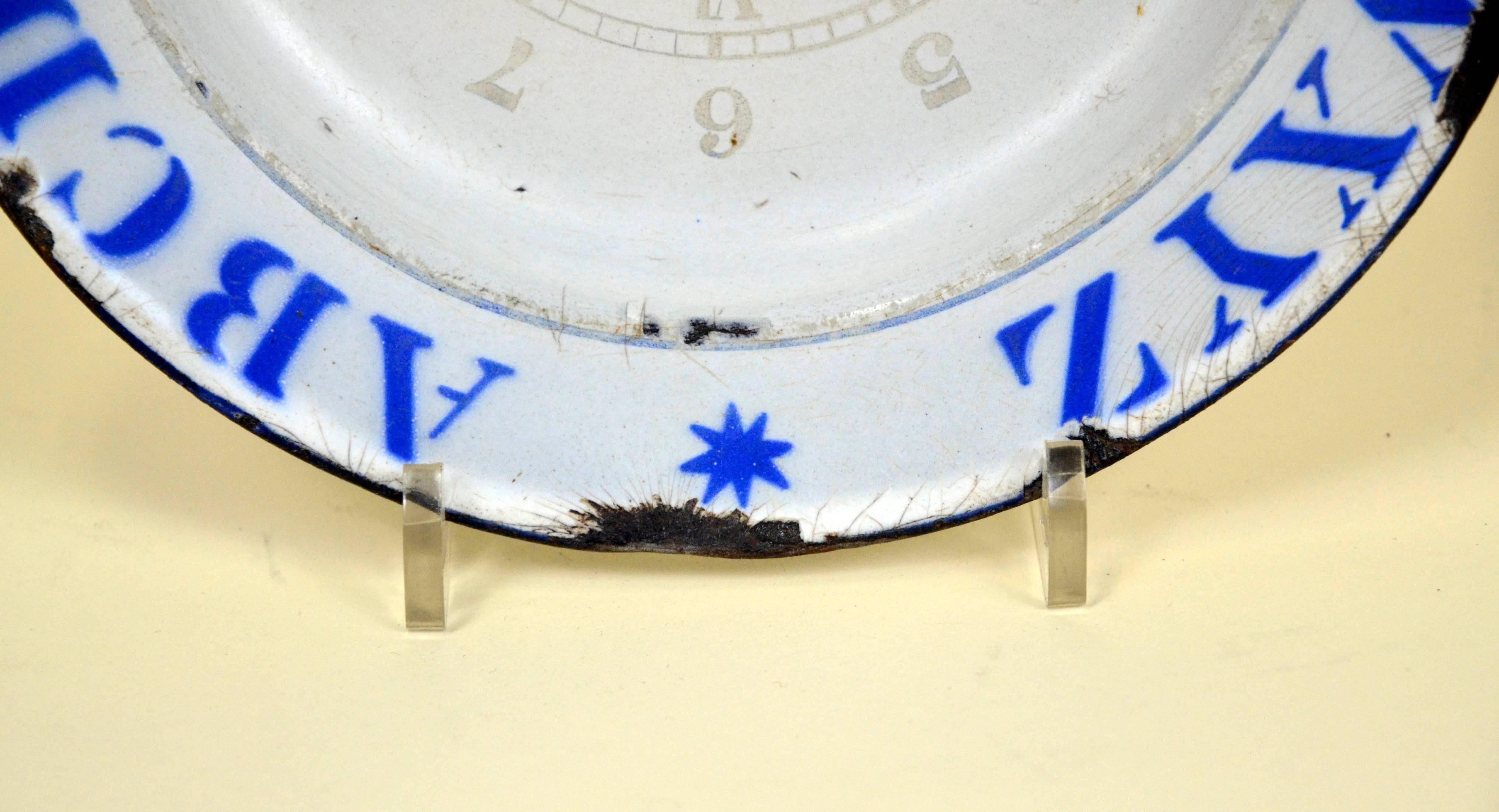 Late 19th Century 1890s Vintage English Enamel Ware ABC Plate with Clock and Numbers