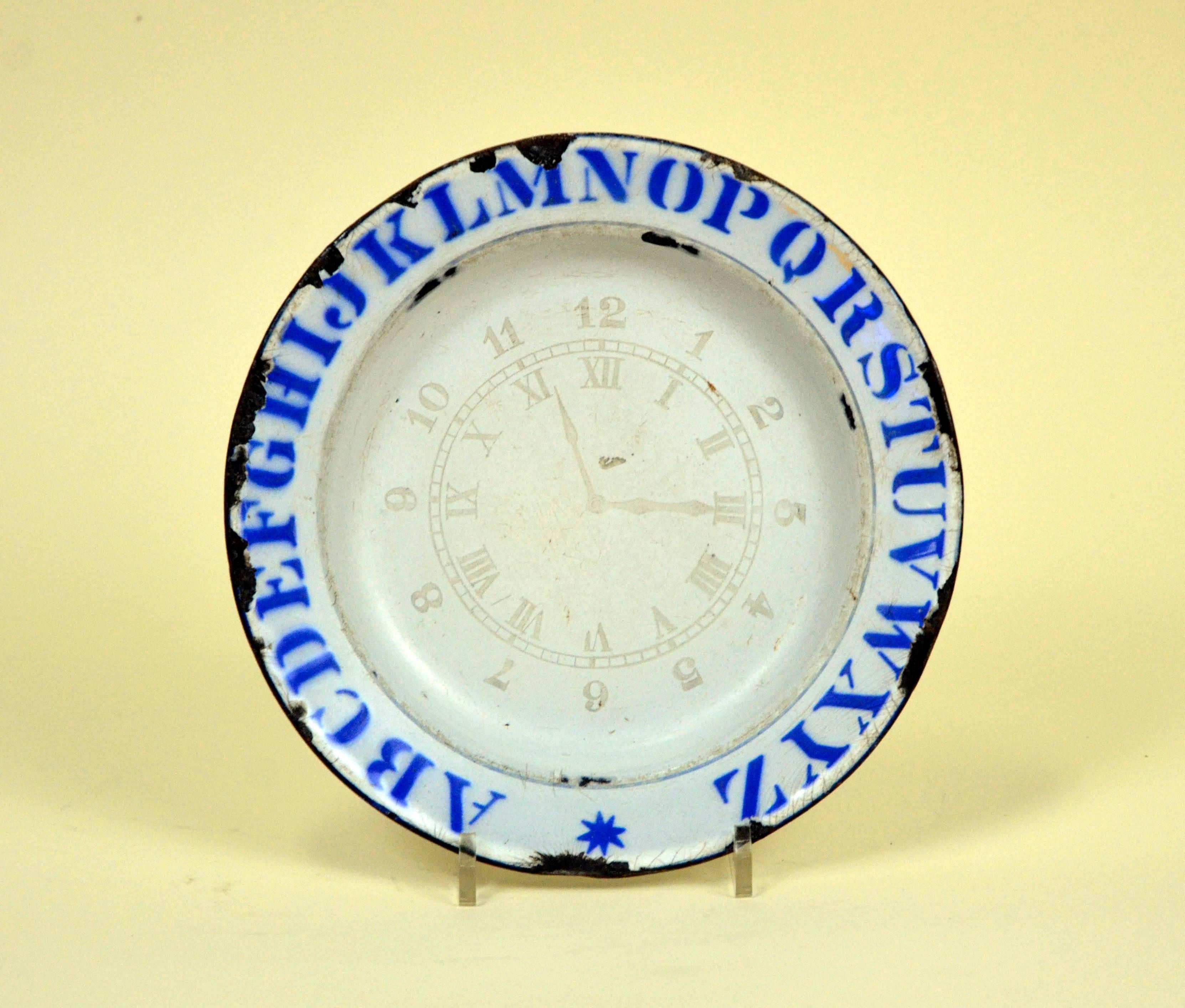 1890s Vintage English Enamel Ware ABC Plate with Clock and Numbers 1