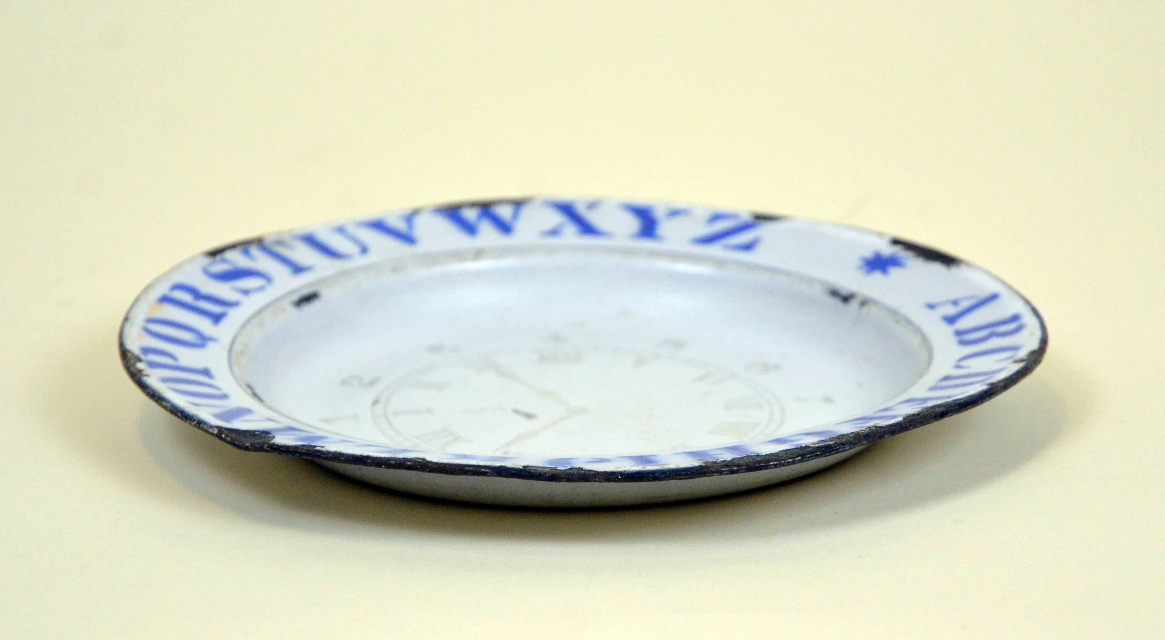 1890s Vintage English Enamel Ware ABC Plate with Clock and Numbers 2