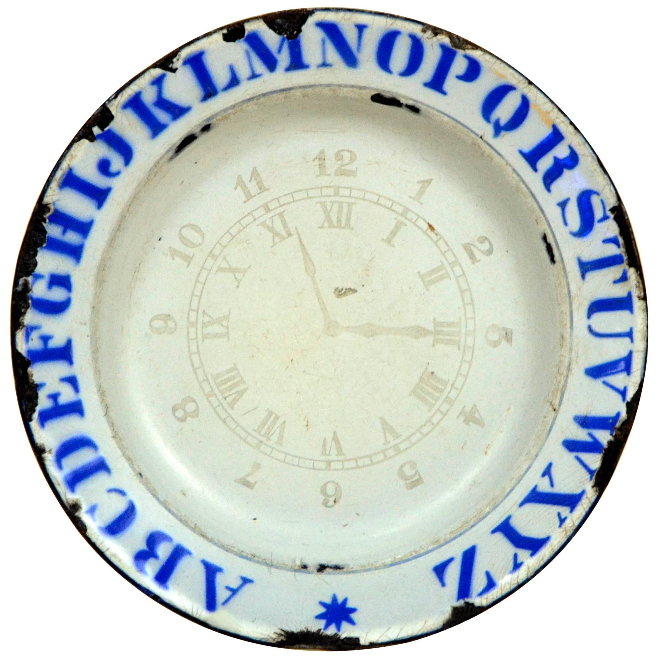 1890s Vintage English Enamel Ware ABC Plate with Clock and Numbers