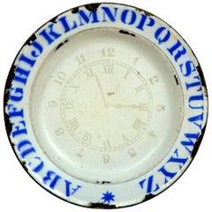 1890s Antique English Enamel Ware ABC Plate with Clock and Numbers