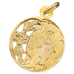 1890's Virgen María, Jesús, Floral Francés Antiguo grabado colgante religioso