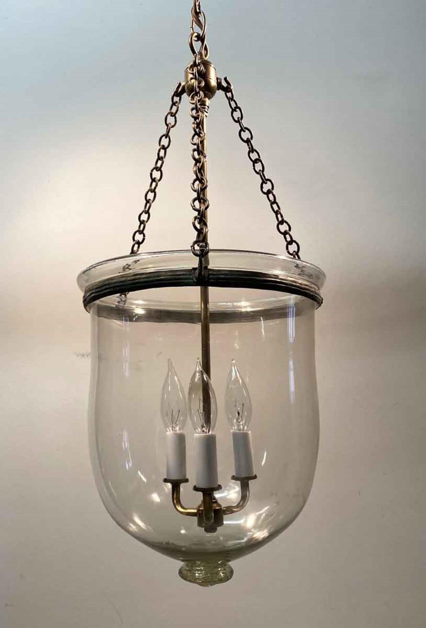 1890s Whale Oil English Clear Crystal Bell Jar Pendant Lantern In Good Condition In New York, NY