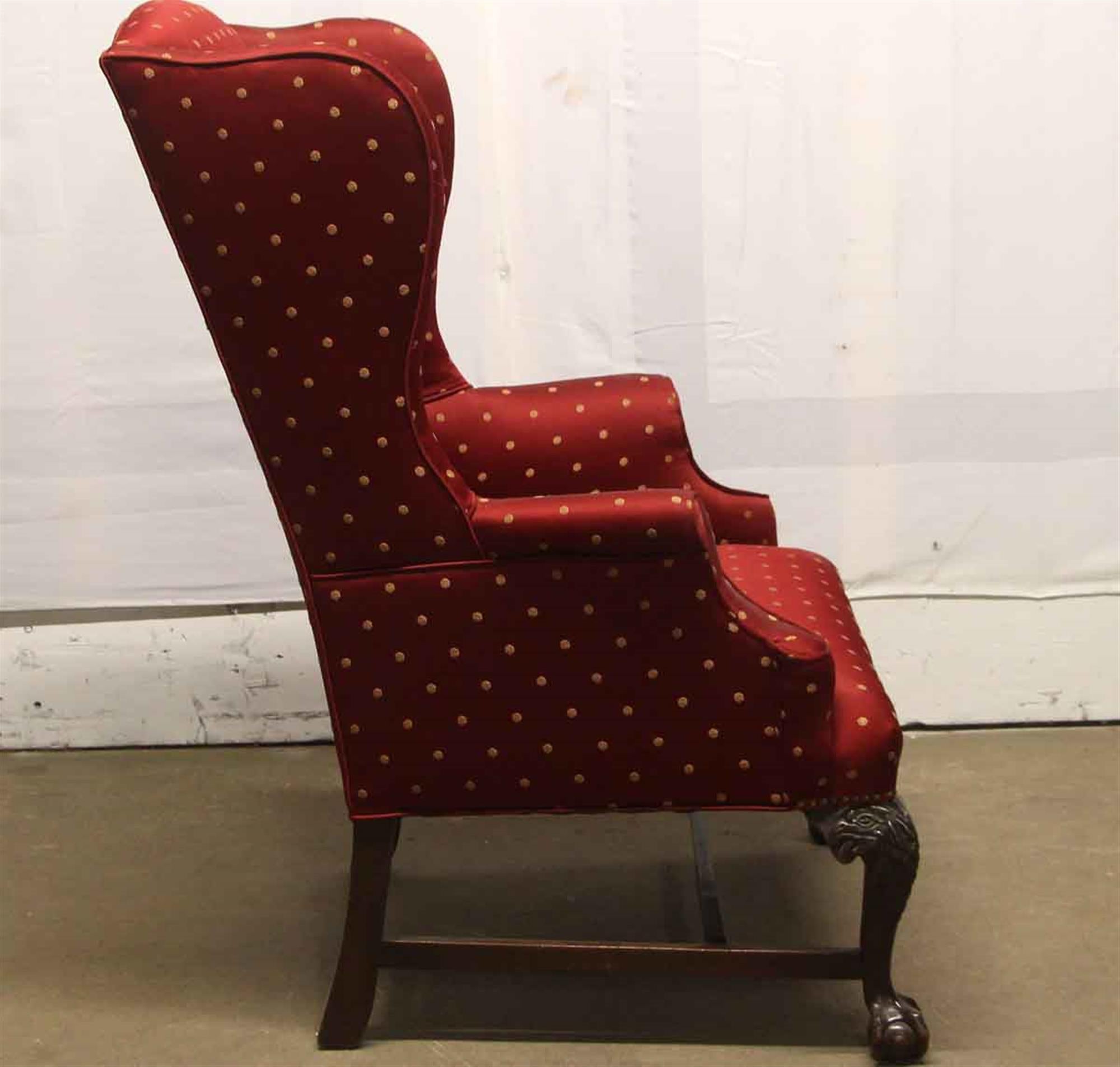 1890s Wing Back Chair with Carved Dark Tone Wood Legs and Red Gold Upholstery In Good Condition In New York, NY