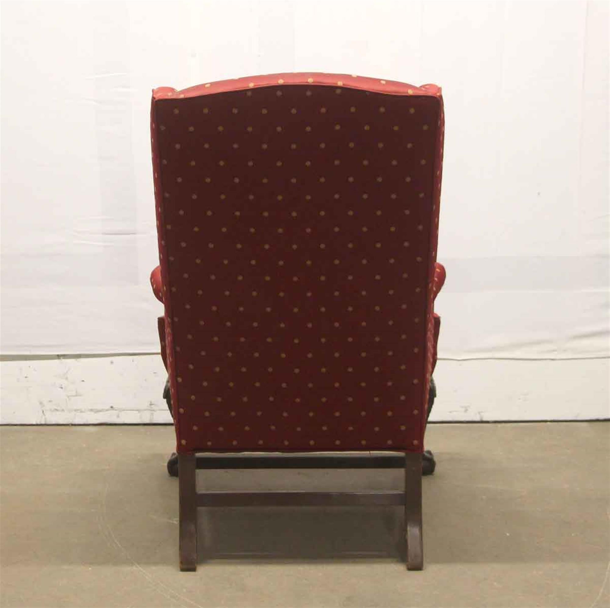 1890s Wing Back Chair with Carved Dark Tone Wood Legs and Red Gold Upholstery 1
