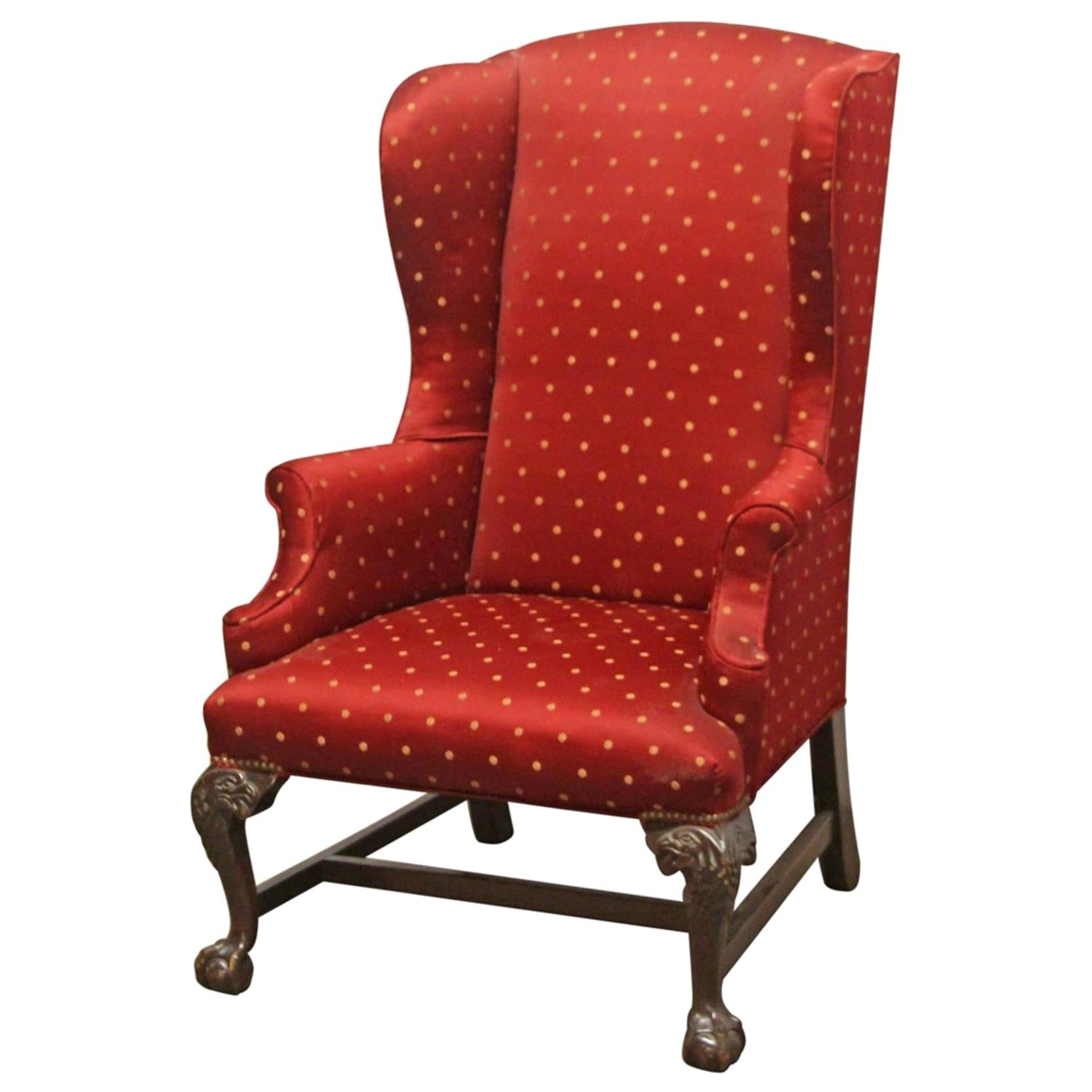 1890s Wing Back Chair with Carved Dark Tone Wood Legs and Red Gold Upholstery