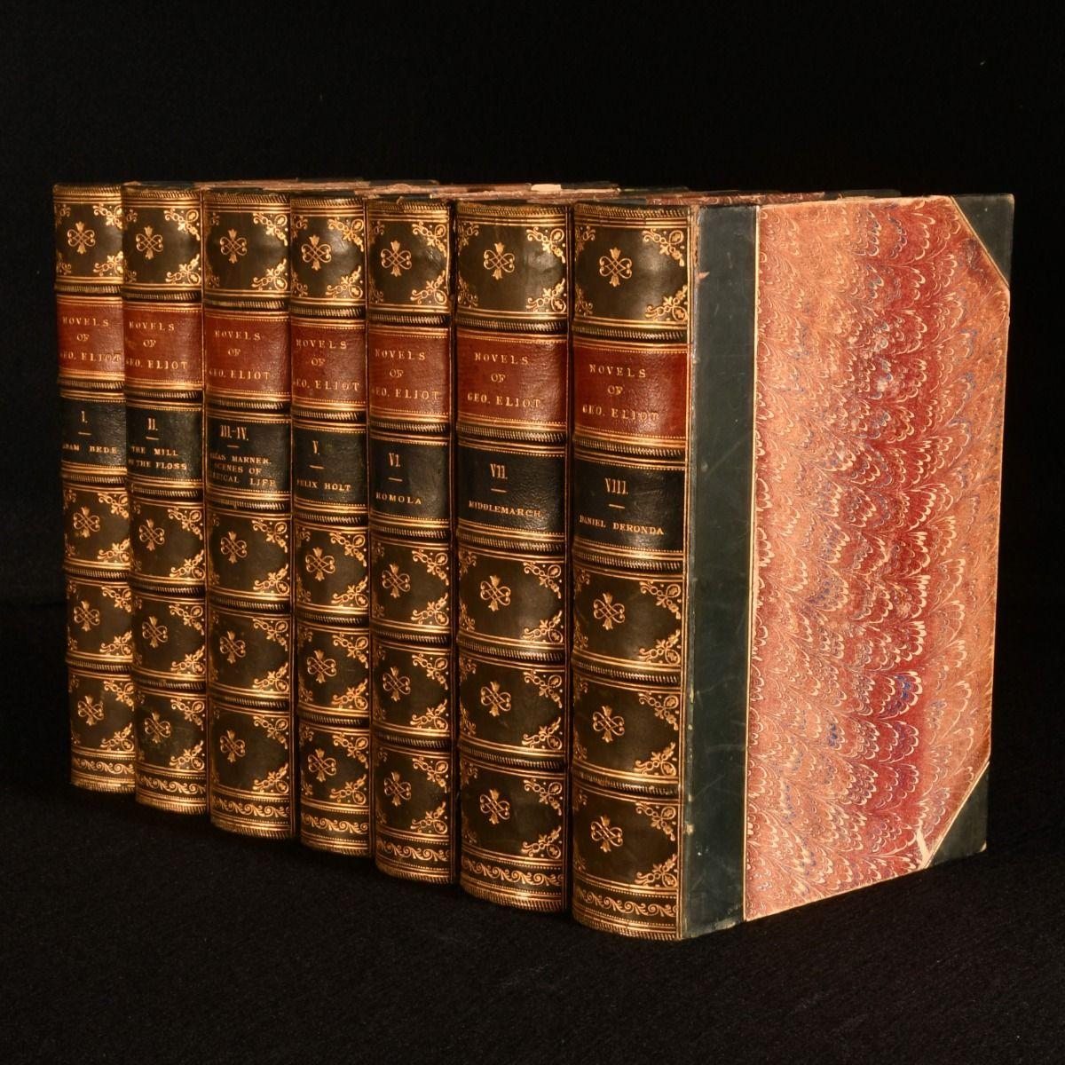 A handsomely bound set of the novels of George Eliot, as well as a short story collection, with many illustrations.

A seven-volume set, one containing two volumes bound in one, in half calf bindings with marbled boards, end papers, and edges.

The