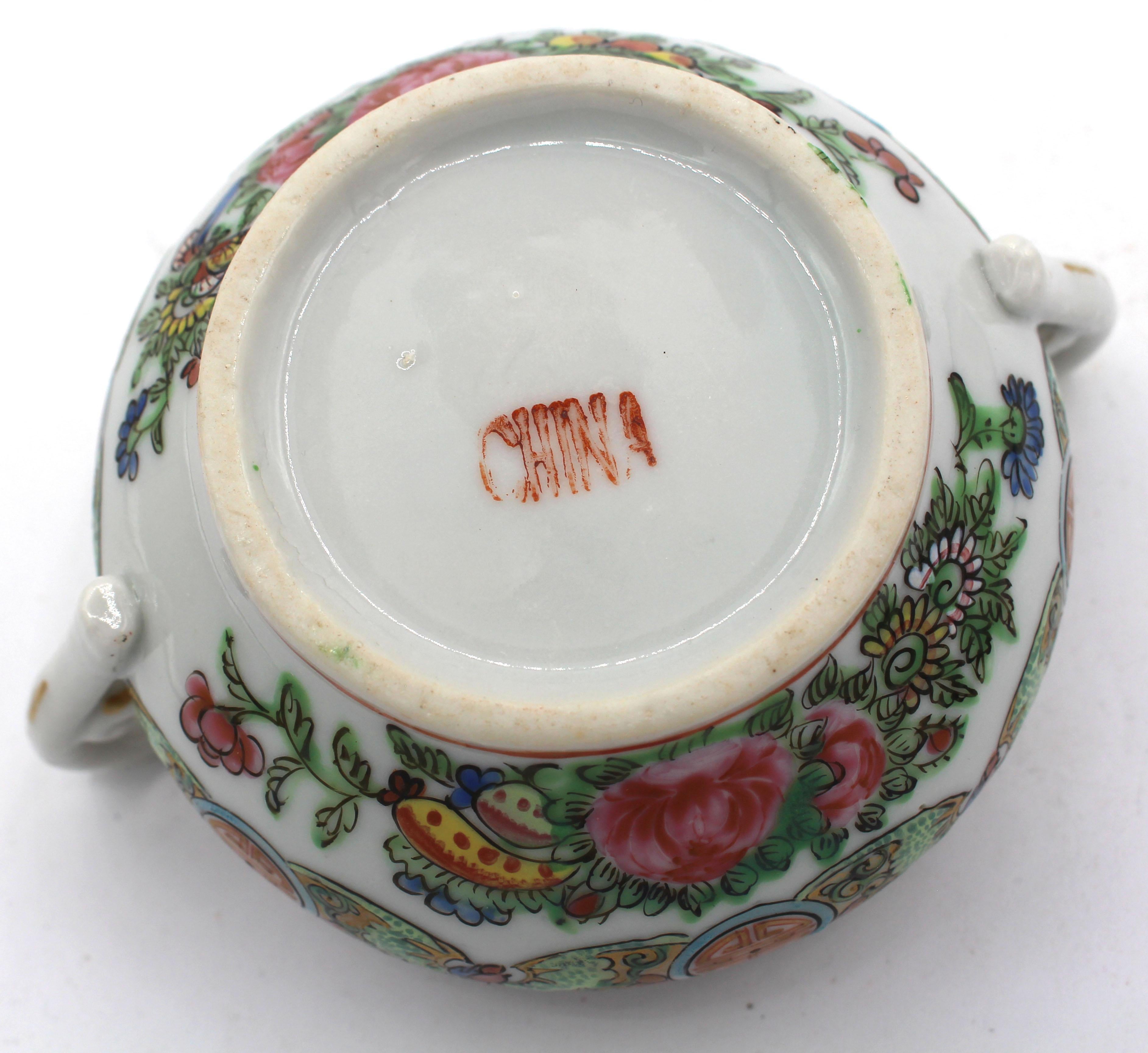 1891-1911 Chinese Export Rose Canton Cream & Covered Sugar Set For Sale 7