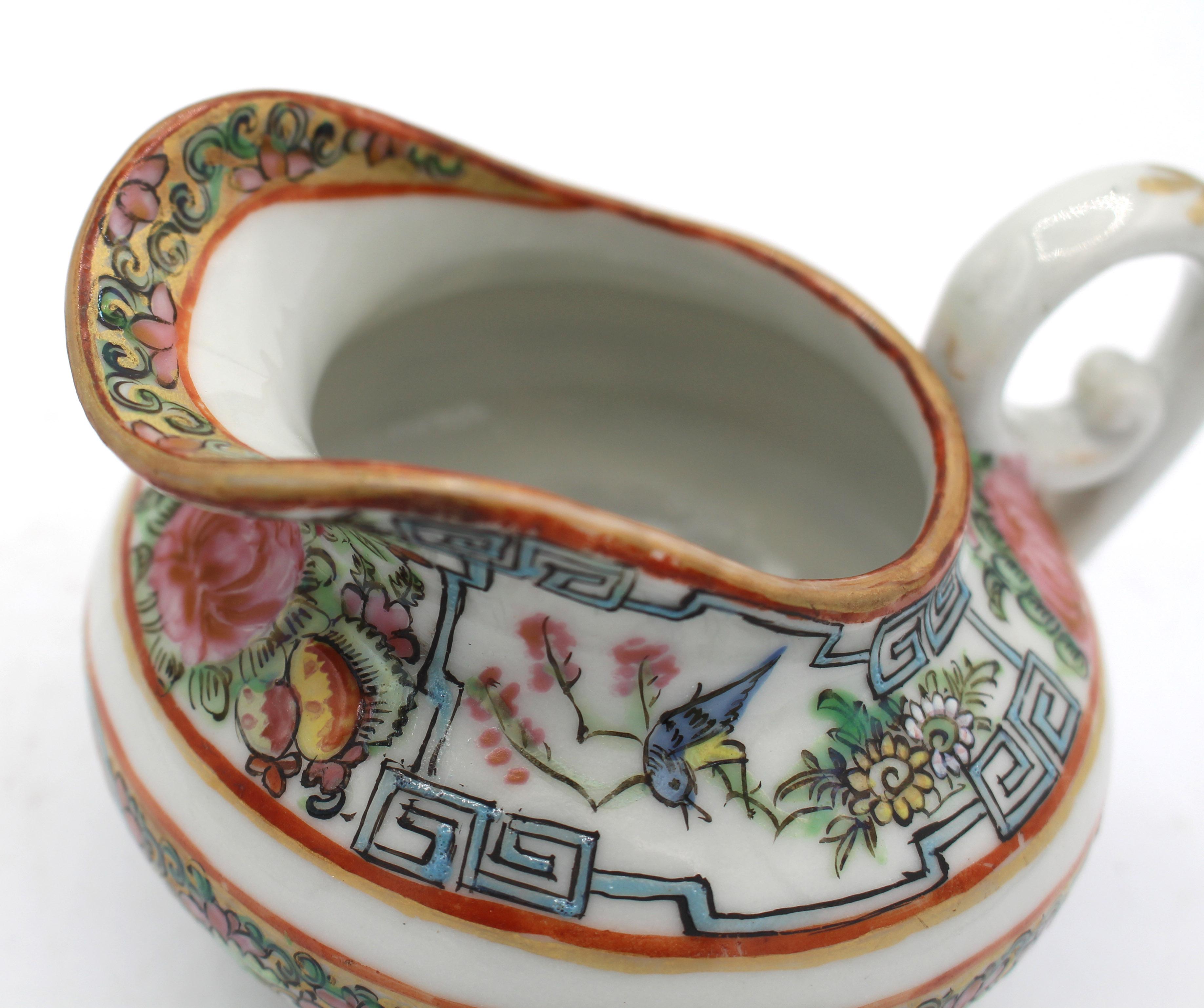 Ceramic 1891-1911 Chinese Export Rose Canton Cream & Covered Sugar Set For Sale