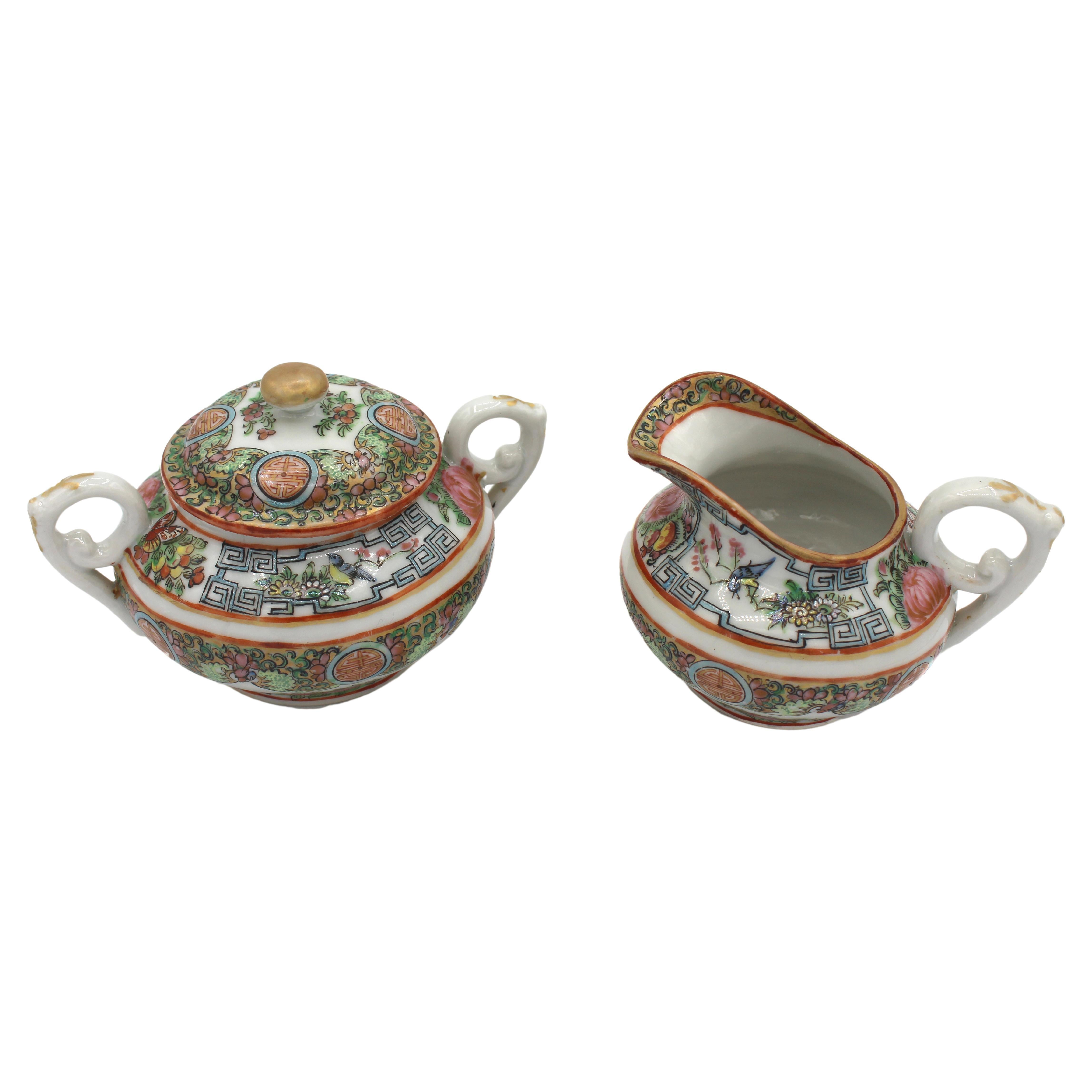 1891-1911 Chinese Export Rose Canton Cream & Covered Sugar Set For Sale