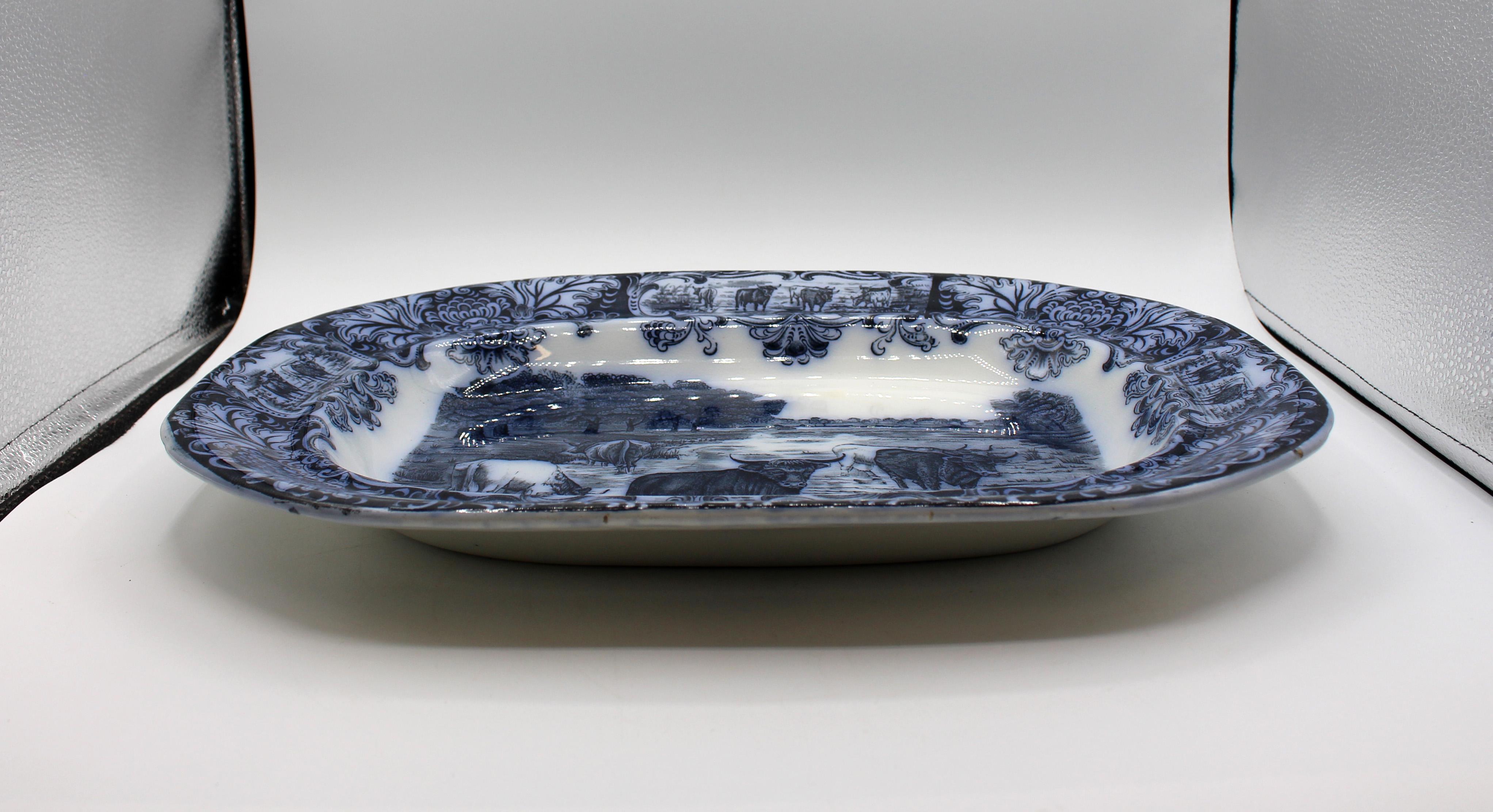 Romantic 1891-1911 English Wedgwood Cows Flow Blue Pattern Platter For Sale