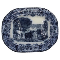1891-1911 English Wedgwood Cows Flow Blue Pattern Platter