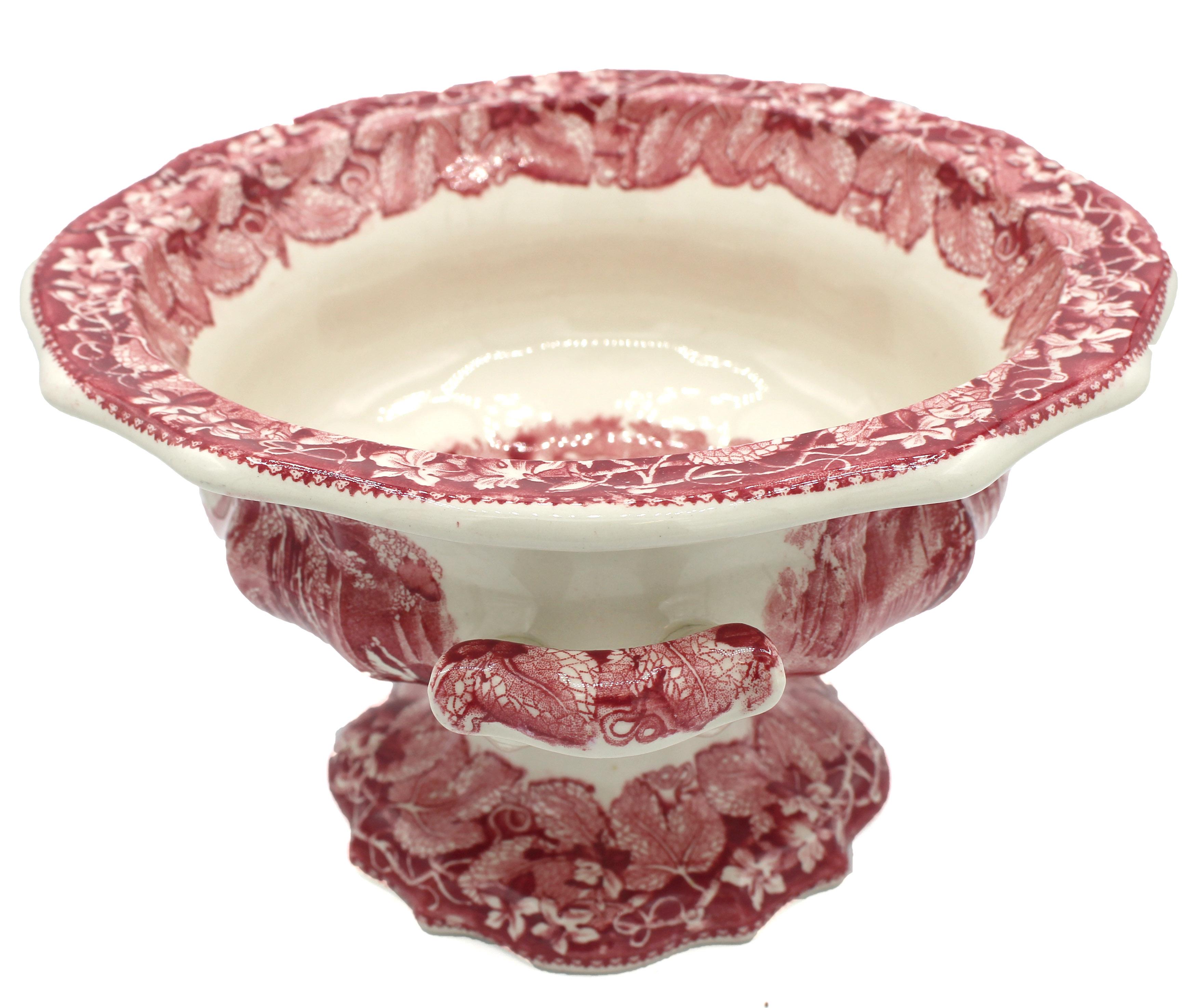 1891-1911 Mason's Vista pink salad bowl or fruit bowl, English. Compote or stemmed form with handles. Well done, crisp transfer print decoration. Marked.
10.75