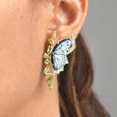 18.91 Carat Hand Carved Agate Butterfly Peridot Diamond Gold Stud Earrings