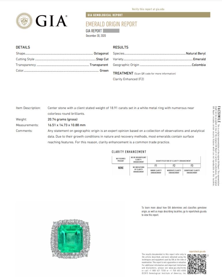 18,91 Karat kolumbianischer Smaragdring, GIA-Zertifikat mit Diamanten in Platin (Smaragdschliff)