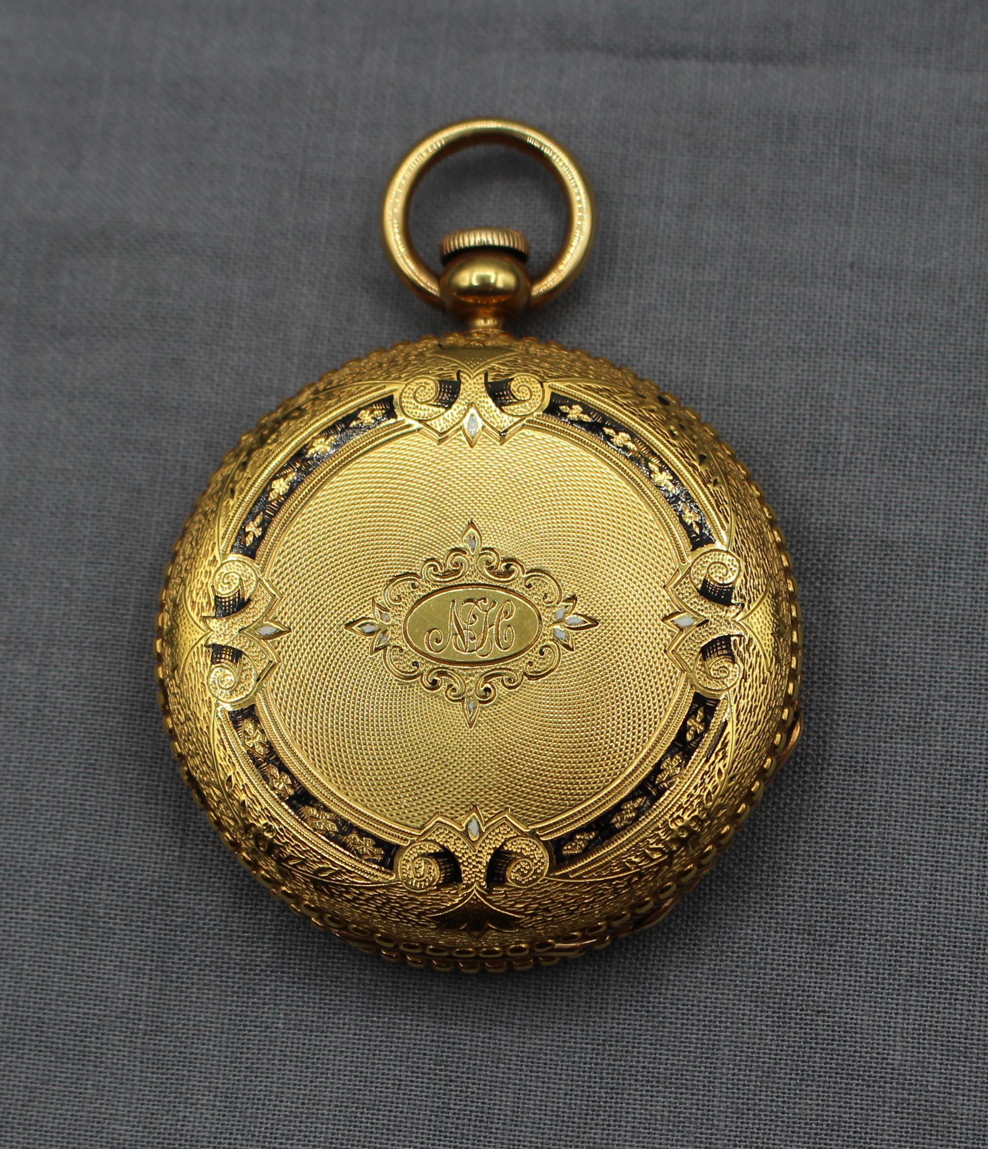 Solid 18k gold & enamel gentleman's key wind hunting case pocket watch, 1891, American. Engraved cartouche 