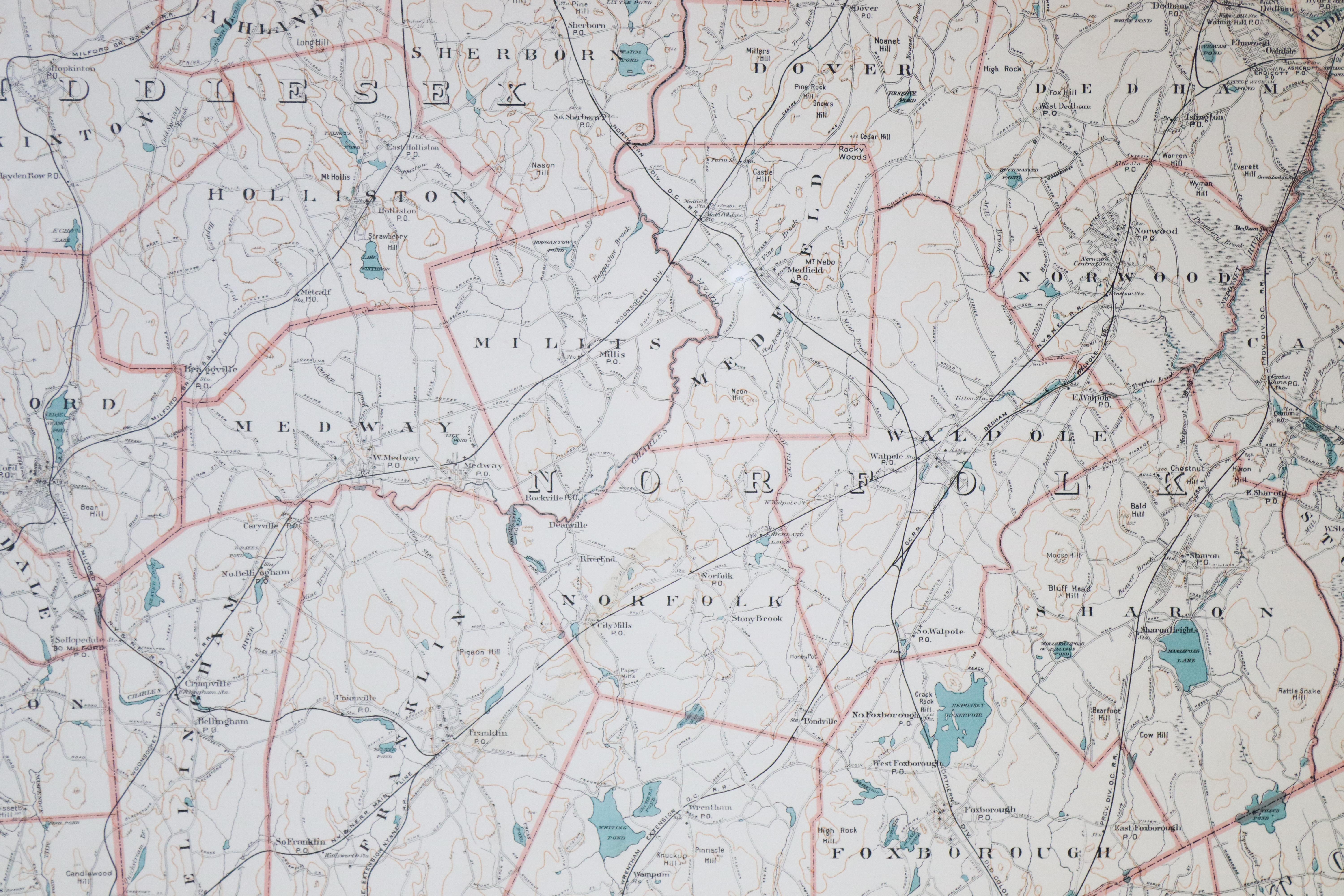 1891 map of Norfolk county Massachusetts including the towns of Wrentham, Franklin, Medfield, Sherborn, Norwood etc., measures: 23 x 31.