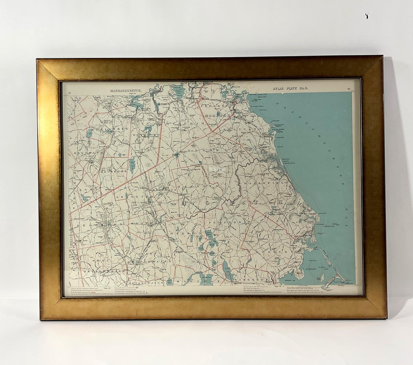 Original 1891 map showing Cohasset, Scituate, Marshfield, Duxbury, Kingston, Norwell, Hanover, Hingham, Hull, Holbrook, Weymouth, Hanson, Pembroke, etc. Framed with glass. Circa 1891.