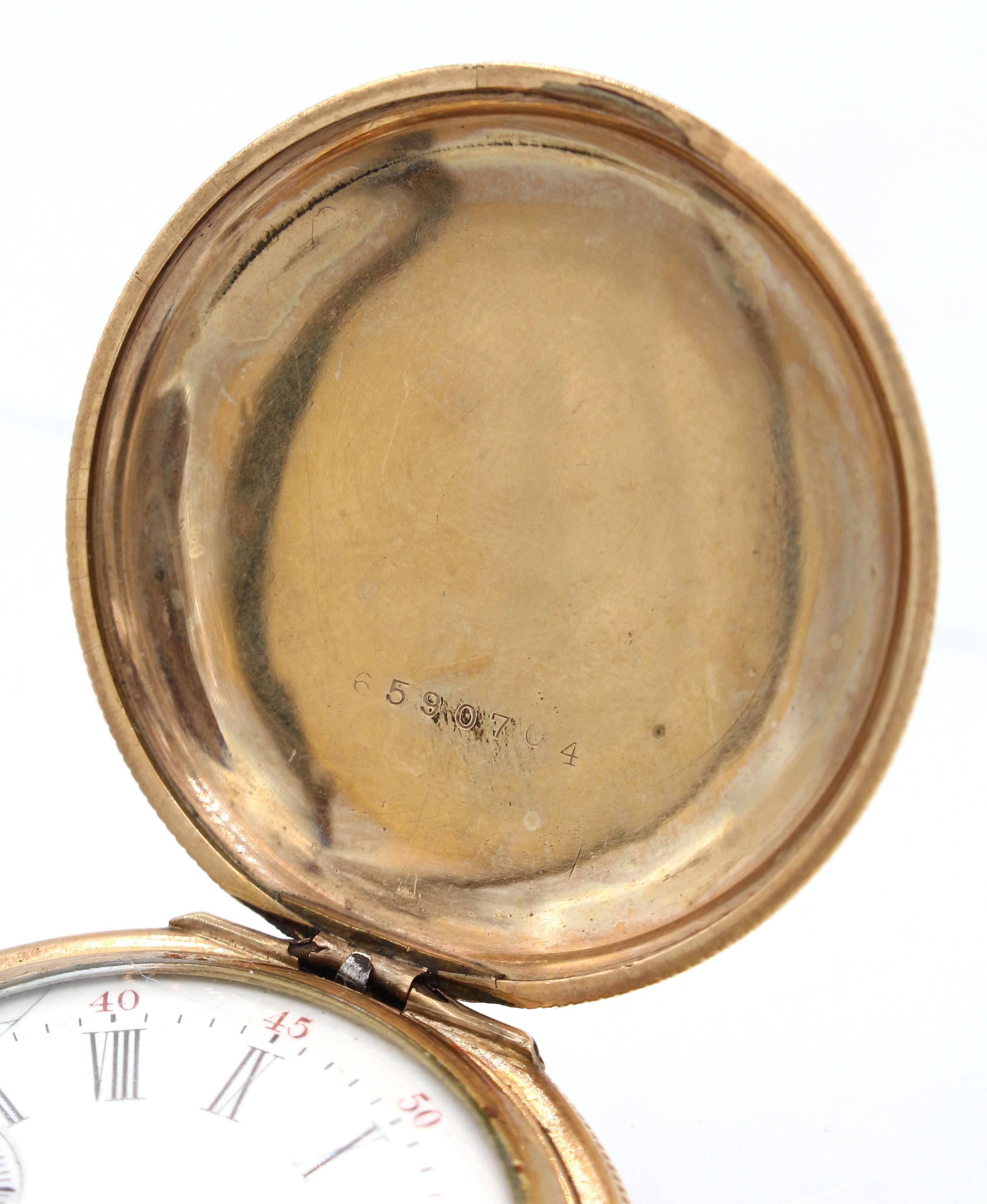 1891 Montre de poche à boîtier de chasse pour dames de Waltham. Or jaune 14 carats. Boîtier n° 6590704 de Keystone Watch Case Co. (également marqué J. Boss 14k). Mouvement Seaside #9344440 et marqué American Waltham Watch Co. Légères bosses au dos