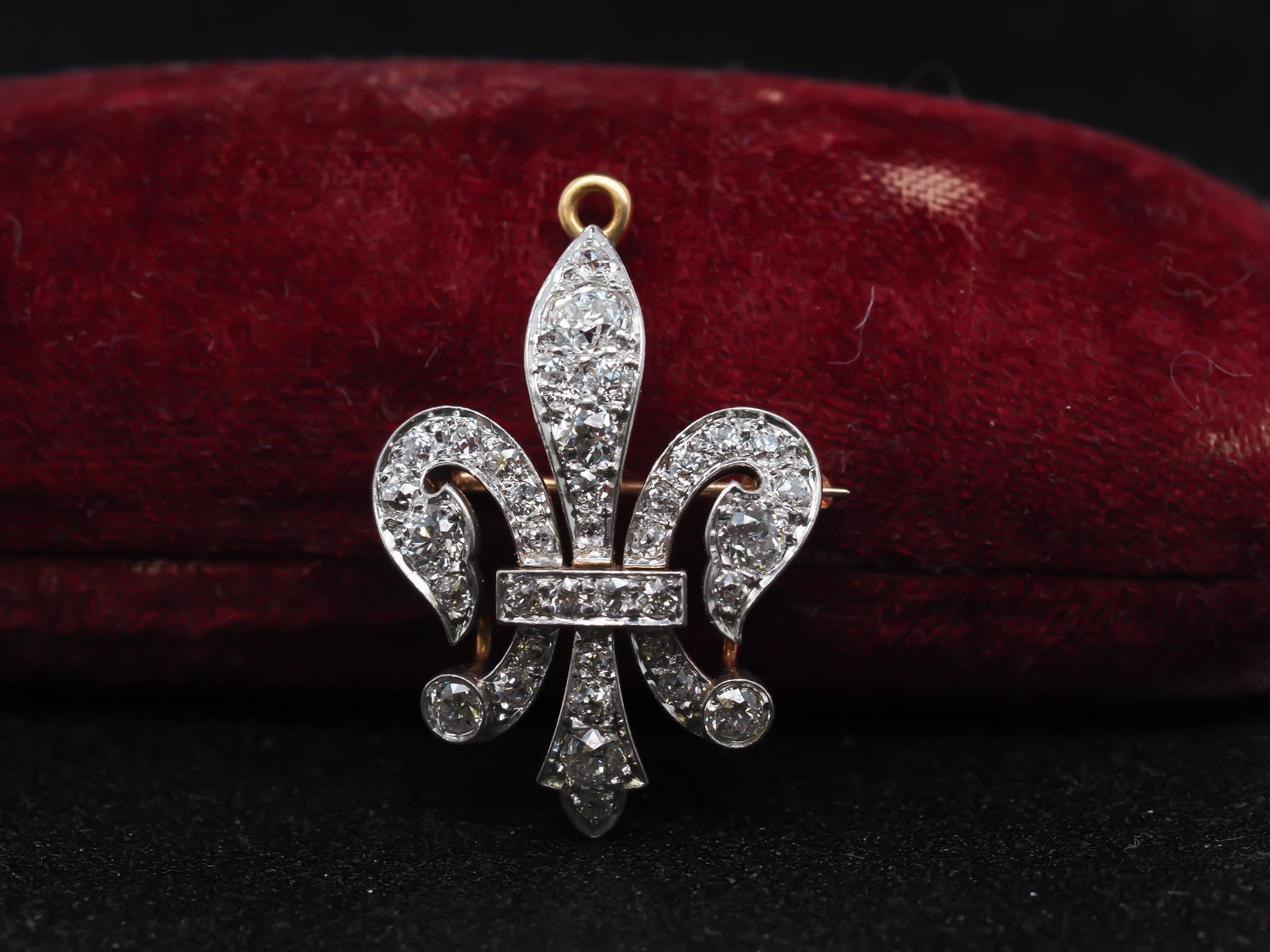 Title: Circa 1892 18K Gold and Platinum Fleur-De-Lis Pendant and Brooch, Signed with Date

Item Details:
Metal Type: 14K Yellow Gold [Hallmarked, and Tested]
Weight: 6.1 grams

Signed on the piece: “Dec 15th, 1892” and “GFJ-MH”

Diamond Details: