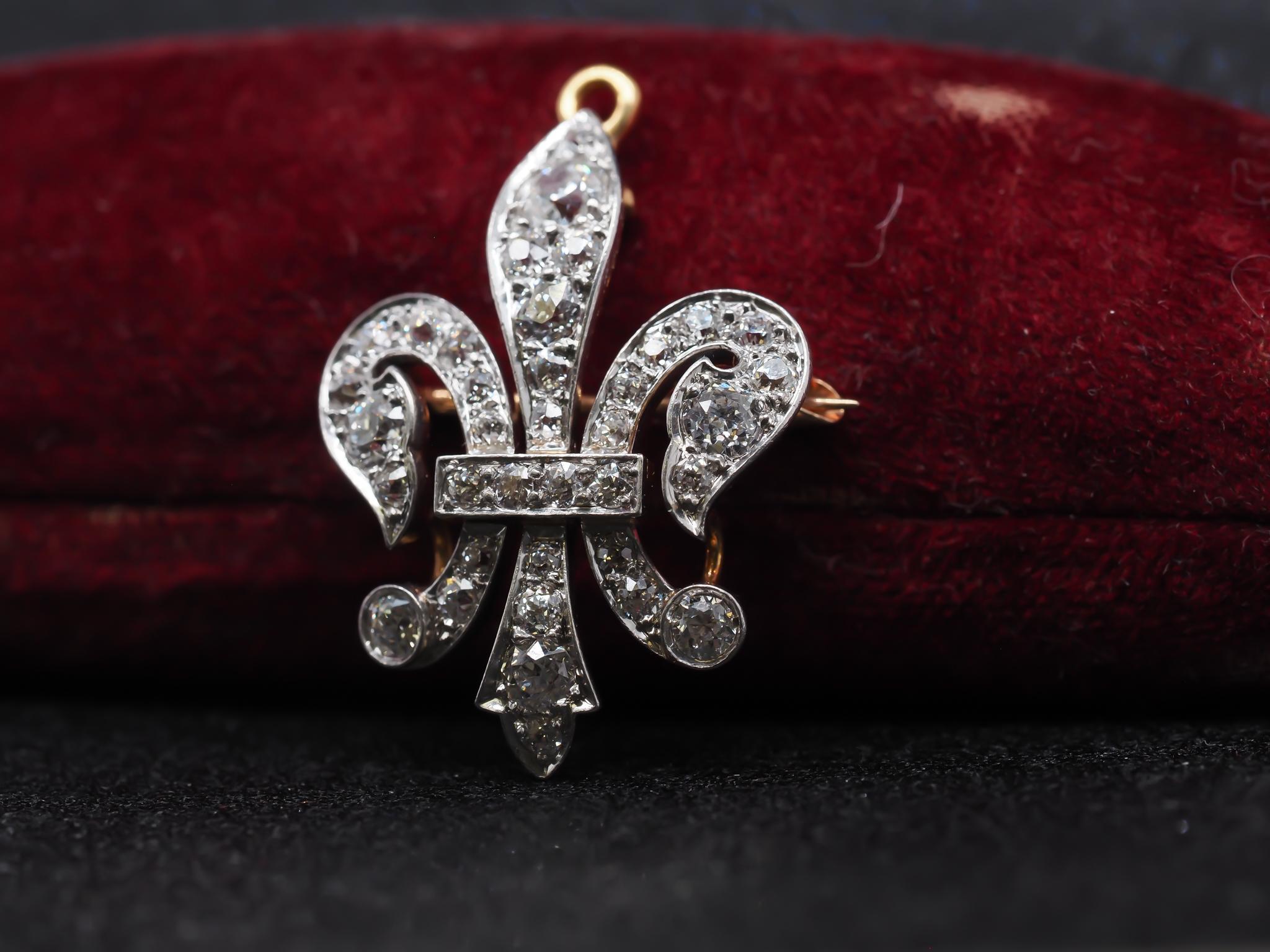 Old European Cut 1892 18K Gold and Platinum Fleur-De-Lis Pendant and Brooch, Signed with Date