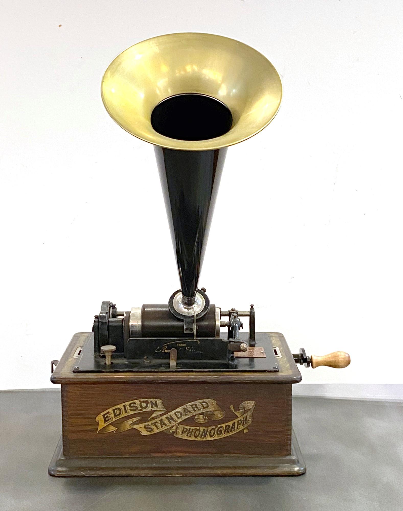 Industrial 1892 Antique Edison Phonograph with Five Cylinder Records, Refurbished