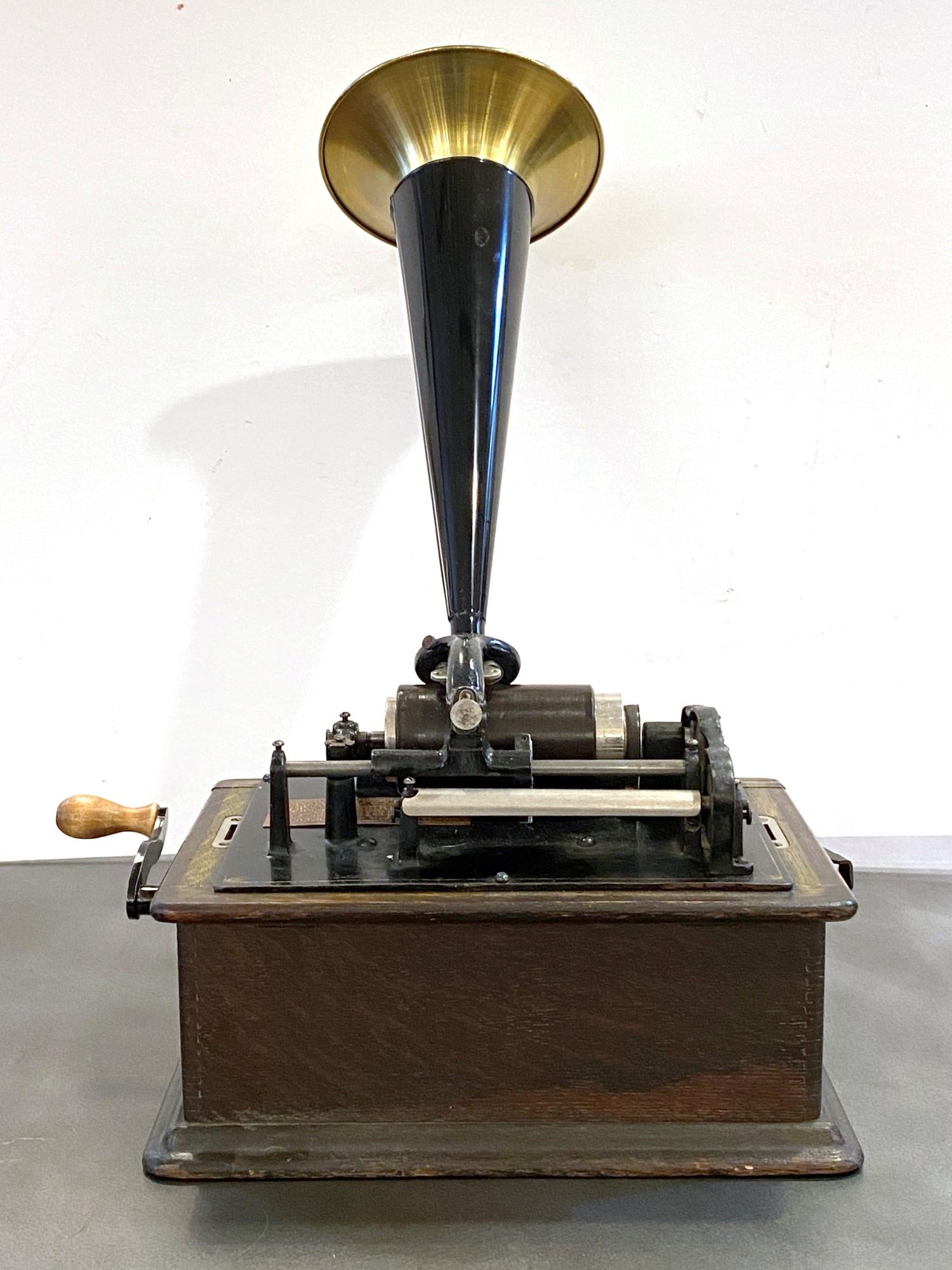 Metal 1892 Antique Edison Phonograph with Five Cylinder Records, Refurbished