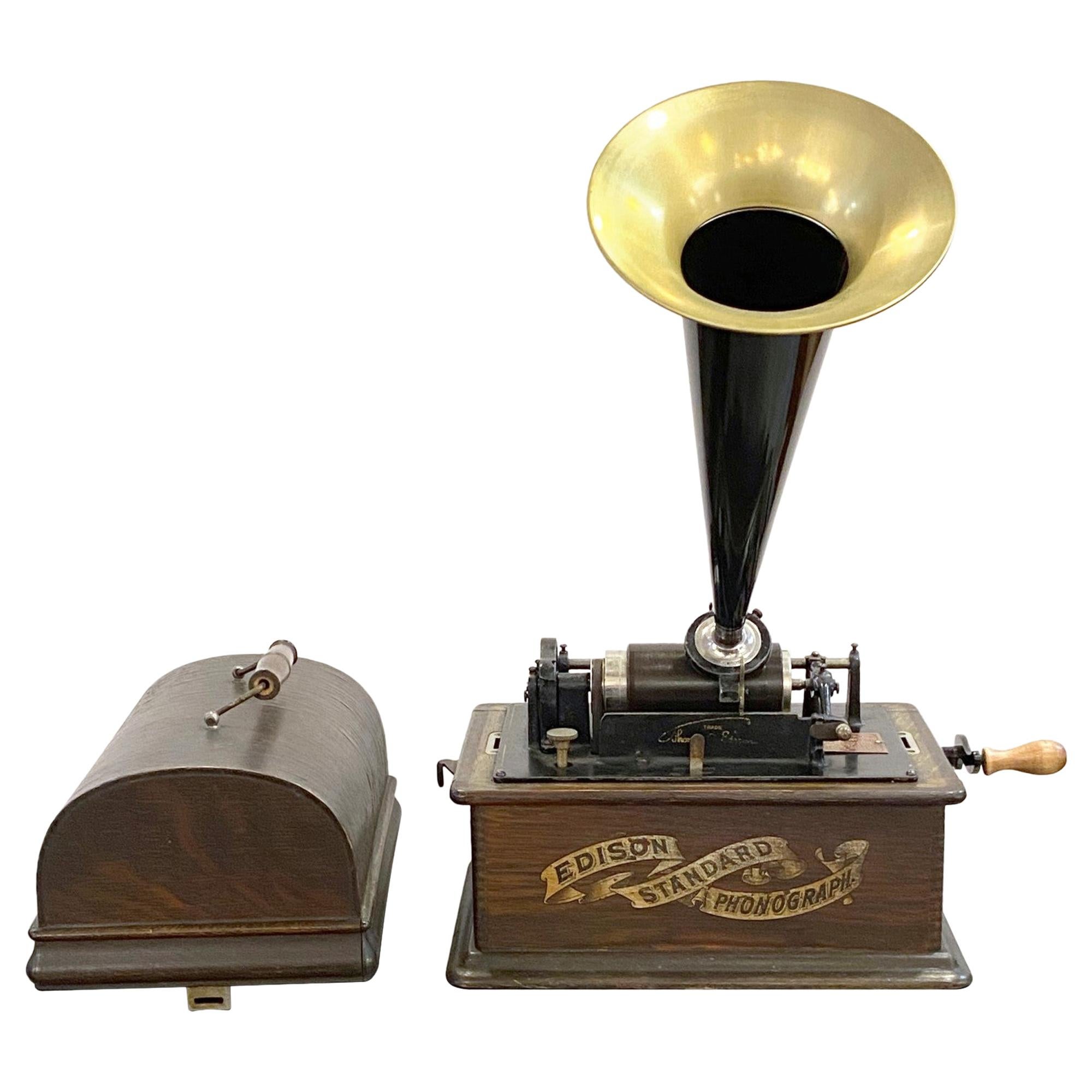 1892 Antique Edison Phonograph with Five Cylinder Records, Refurbished