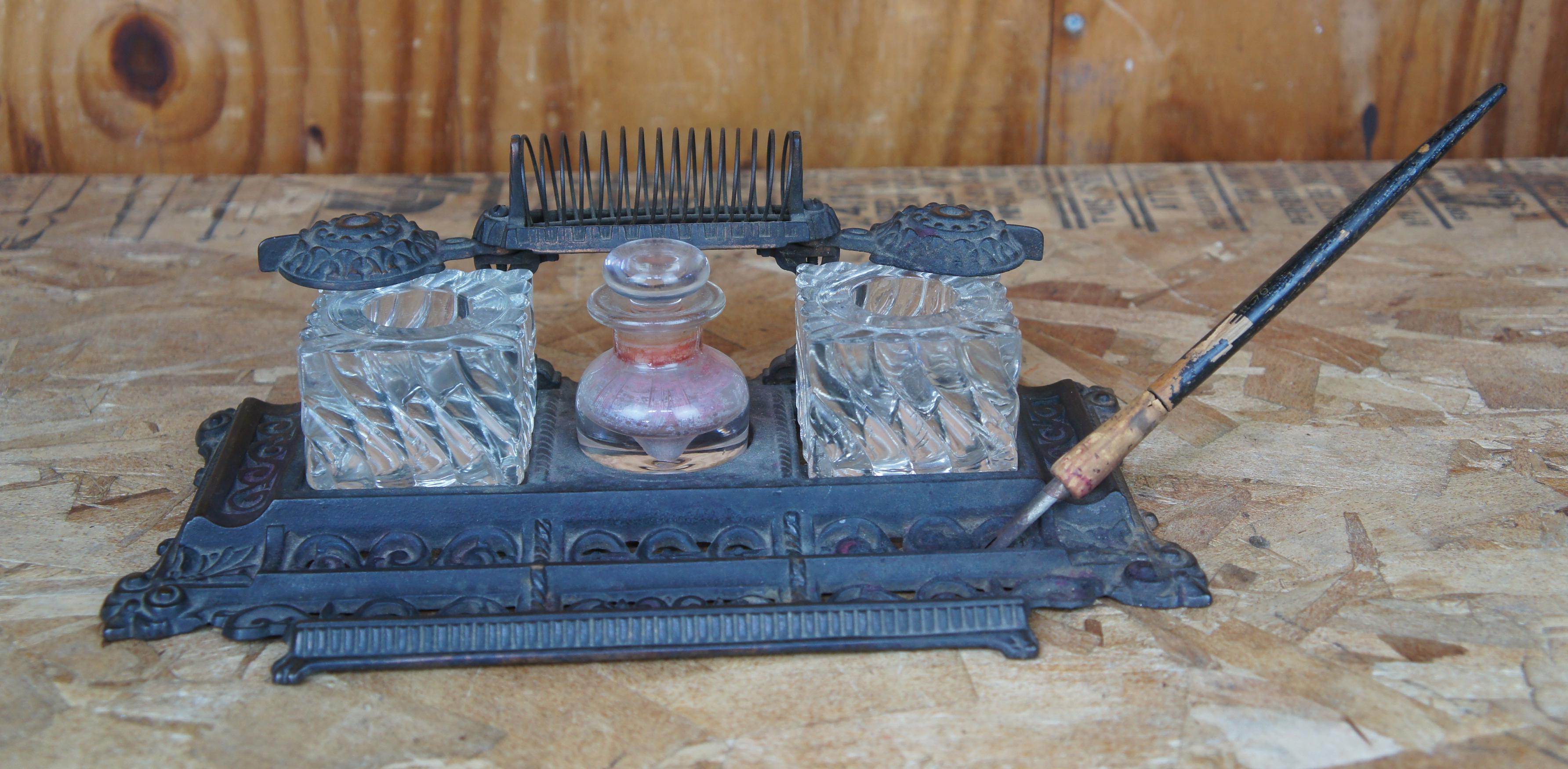 Late 19th Century 1892 Antique Victorian Cast Iron Dual Postal Letter Inkwell Ink Stand Desk Set