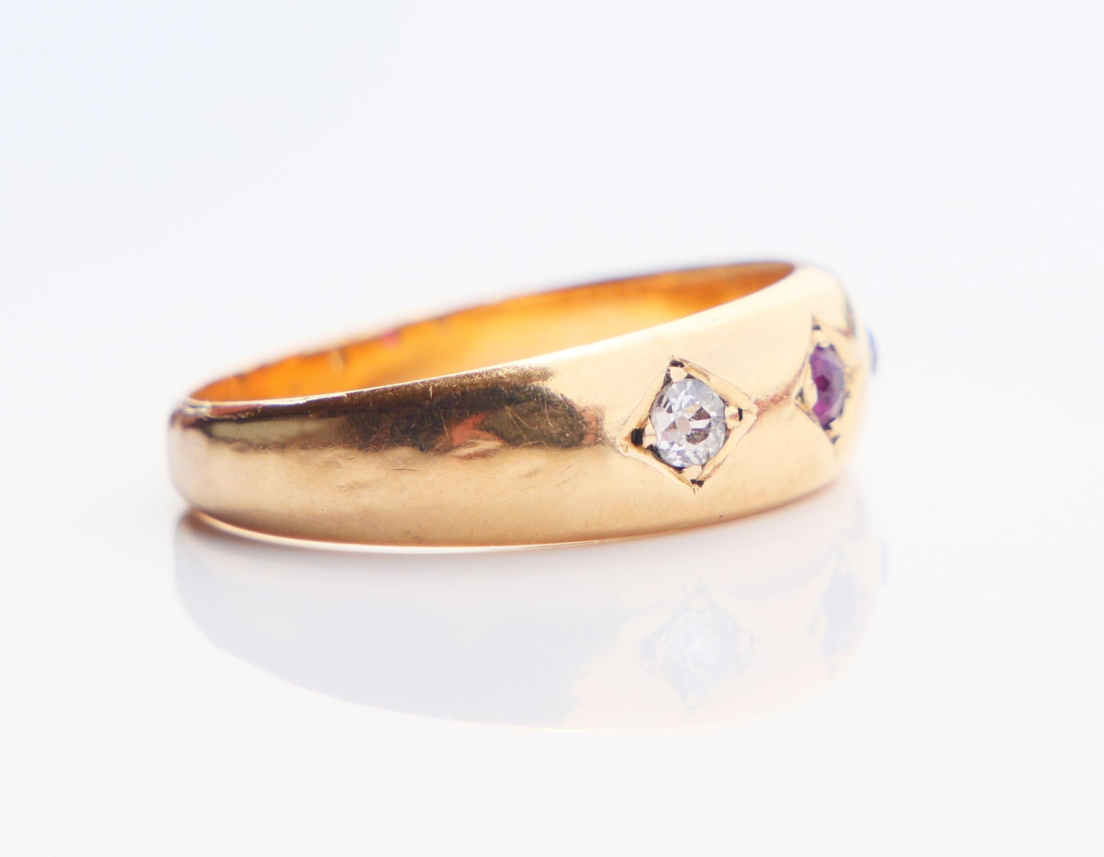 1892 British Three Stones Ring Ruby Diamonds solid 18K Gold / Ø US6 / 2gr en vente 7